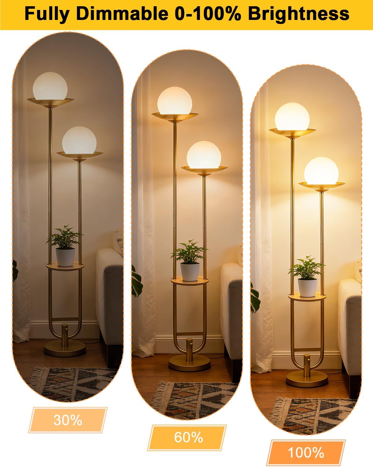 Lightdot 63IN Gold Floor Lamp 2 Globe Mid Century Standing Lamps Dimmable with 3000K Warm White LED Bulbs Unique Vintage Tall Floor Lamp with 5Lbs Heavy Base for Living Room/Wedding/Party
