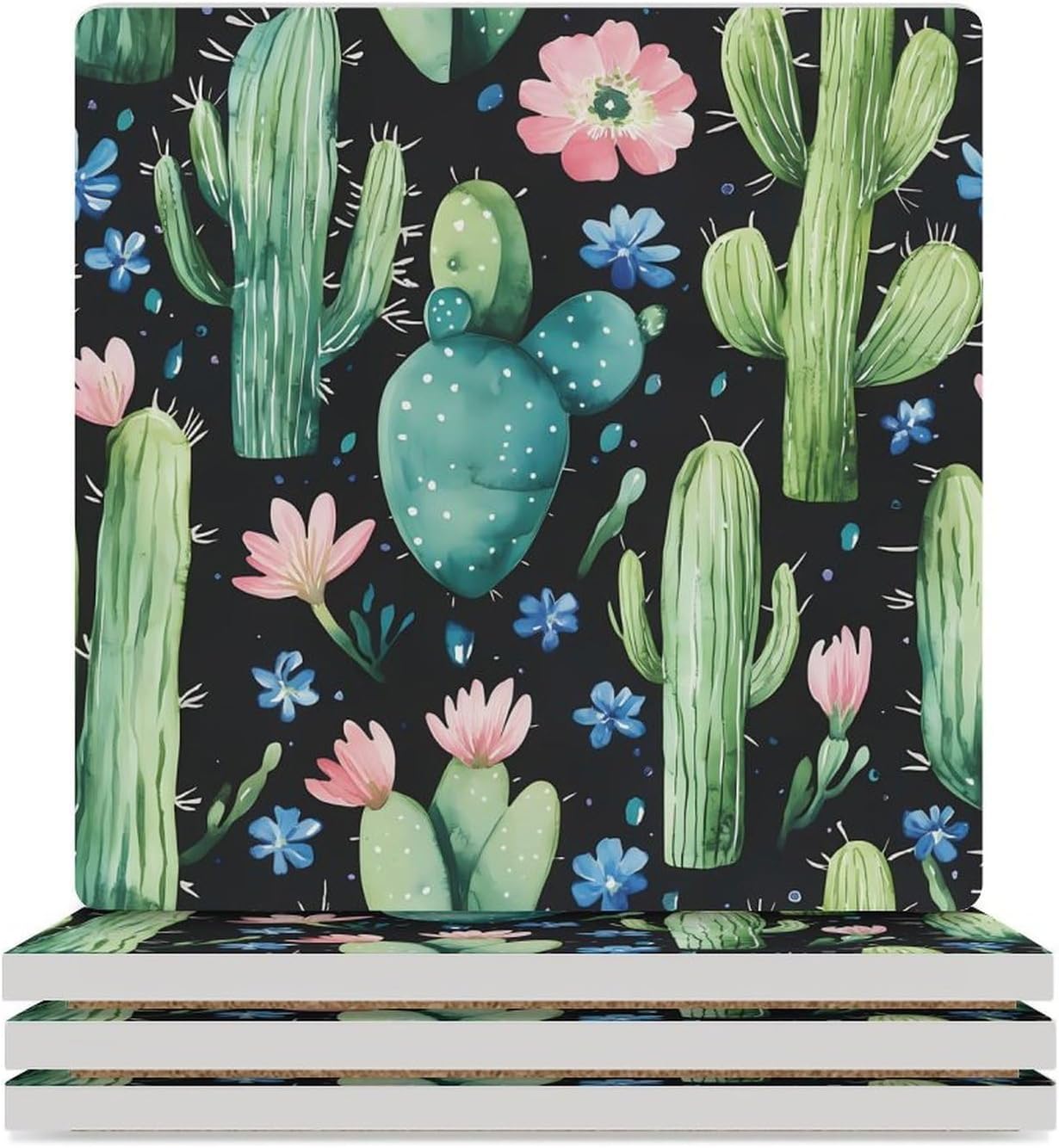 Cactus Green Flower Funny Ceramic Coasters for Drink Absorbent Cup Holders Tabletop Protection