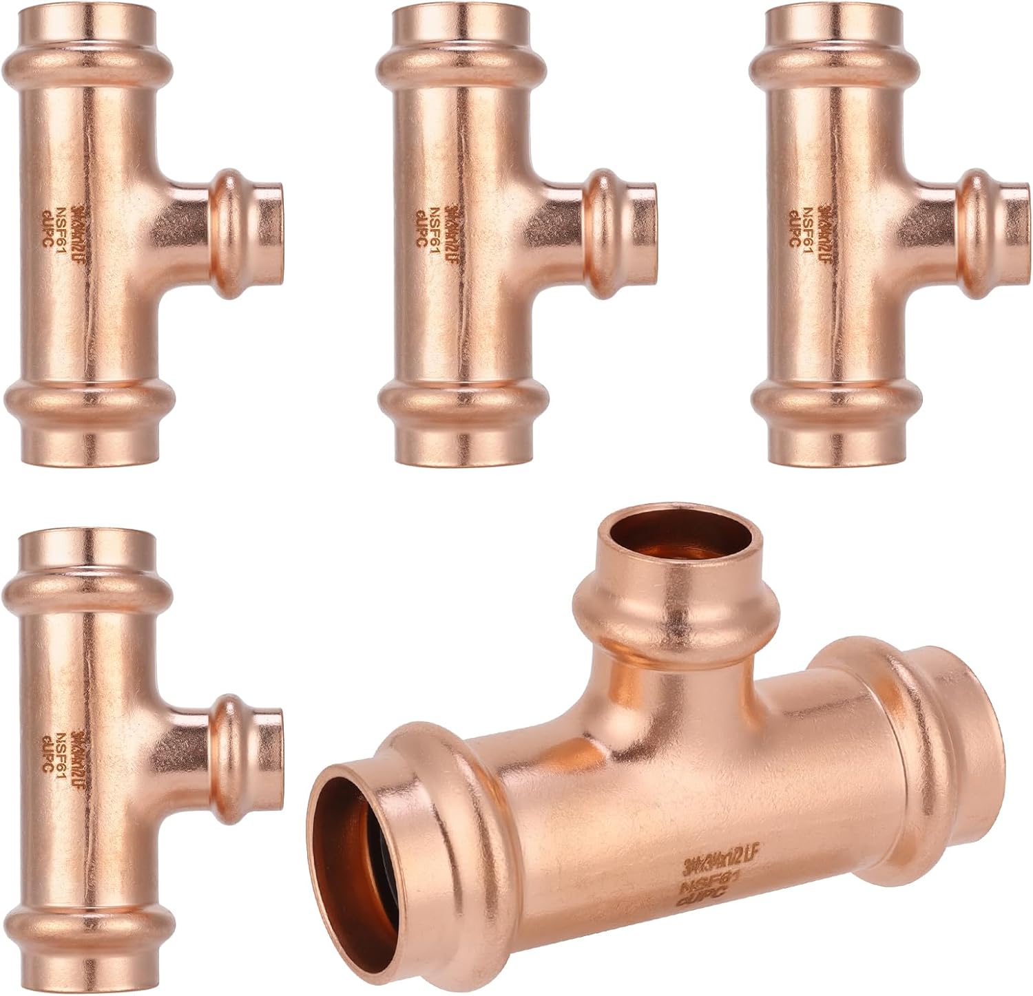 (5-Pack YVSKM) Copper Press Fittings 3/4"x3/4"x1/2" Reducing Tee,Zero Lead Plumbing Pipe Connector | Compatible with Copper Pipes, Water Supply & Hydronic Heating Systems | Durable Press Fit Design