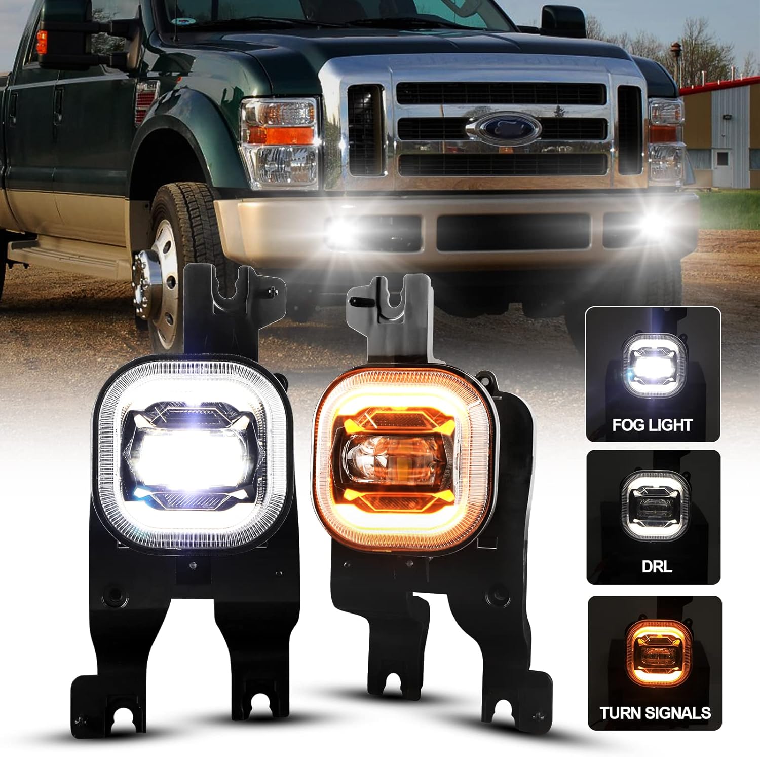 AMONLY LED Fog Light with Daytime Running Lights/Turn Signals for 2008 2009 2010 Ford F250 F350 F450 F550 Super Duty, Bumper Driving Fog Lamps Assembly Kit