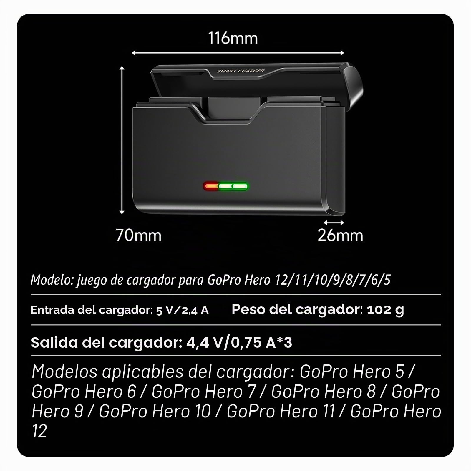 Cargador de batería para Go Pro Hero 12/11/10/9/8/7/6/5-3 Ranuras Cargador de batería con Accesorios para batería, 2 memorias para Tarjetas TF, Carga rápida, Apta para Bajas temperaturas