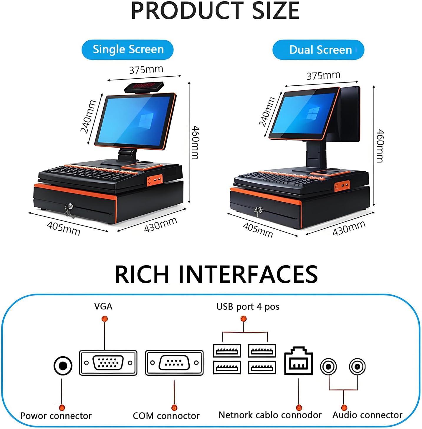 Electronic Cash Register,15.6'' LED Touch Screen, POS Terminal Terminal Machine with Handheld Scanner 101 Keys Cash Register Keyboard, 58mm Thermal Printer, Cash Drawer Dual screen Orange-SingleScreen