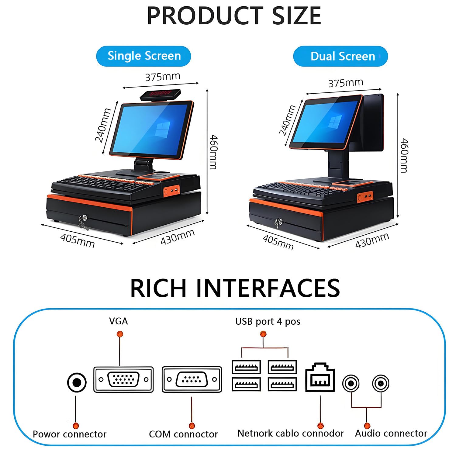 Caja registradora electrónica, Pantalla táctil LED de 15,6", Terminal de Punto de Venta con escáner portátil, Teclado de 101 Teclas, Impresora térmica de 58 mm Orange-SingleScreen