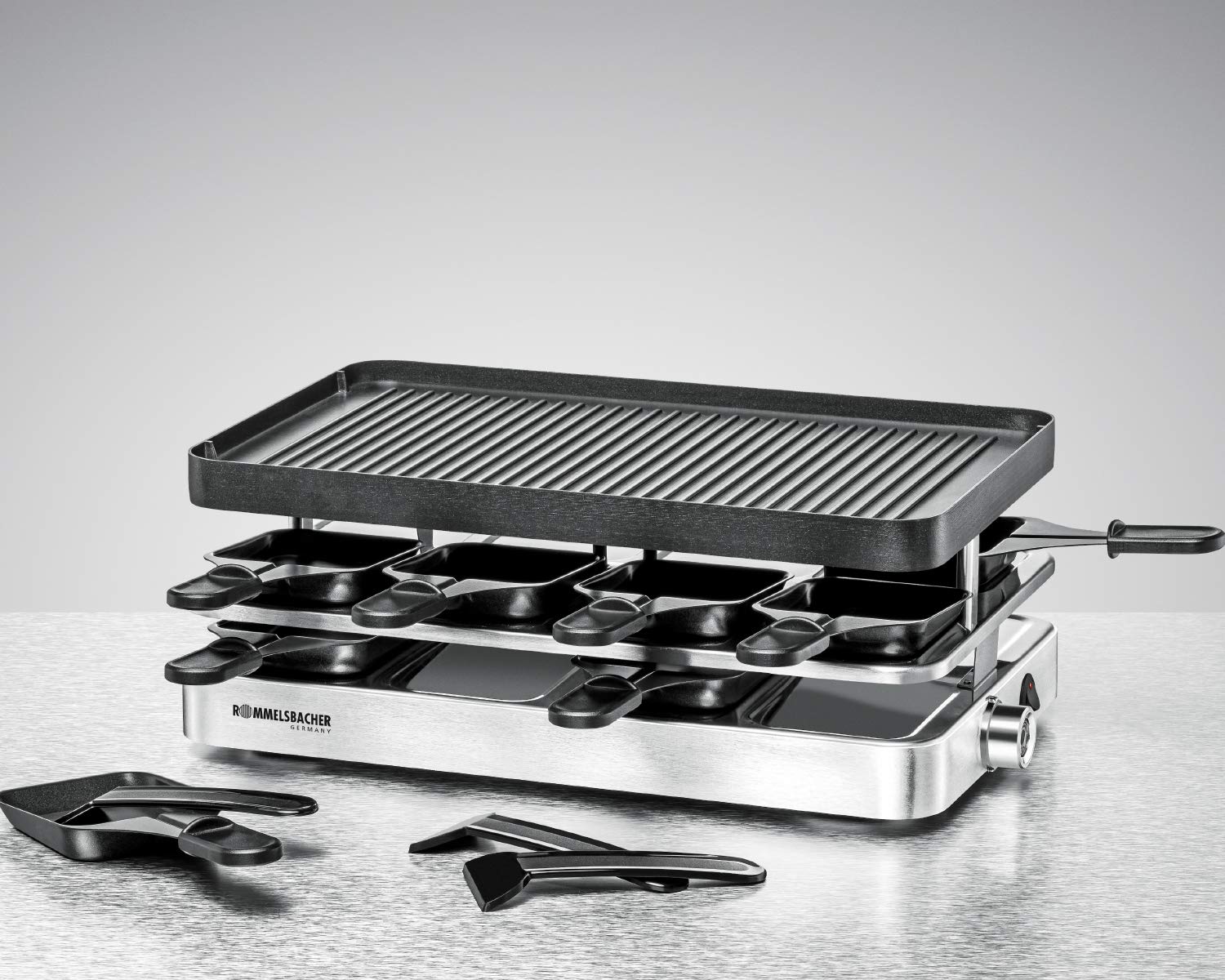 ROMMELSBACHER Raclette Grill RC 1400 - Wendeplatte zum Grillen & für Crepes, 8 Pfännchen, Antihaftbeschichtung, Ein/Ausschalter, stufenlose Temperaturregelung, Edelstahl, 1200 W