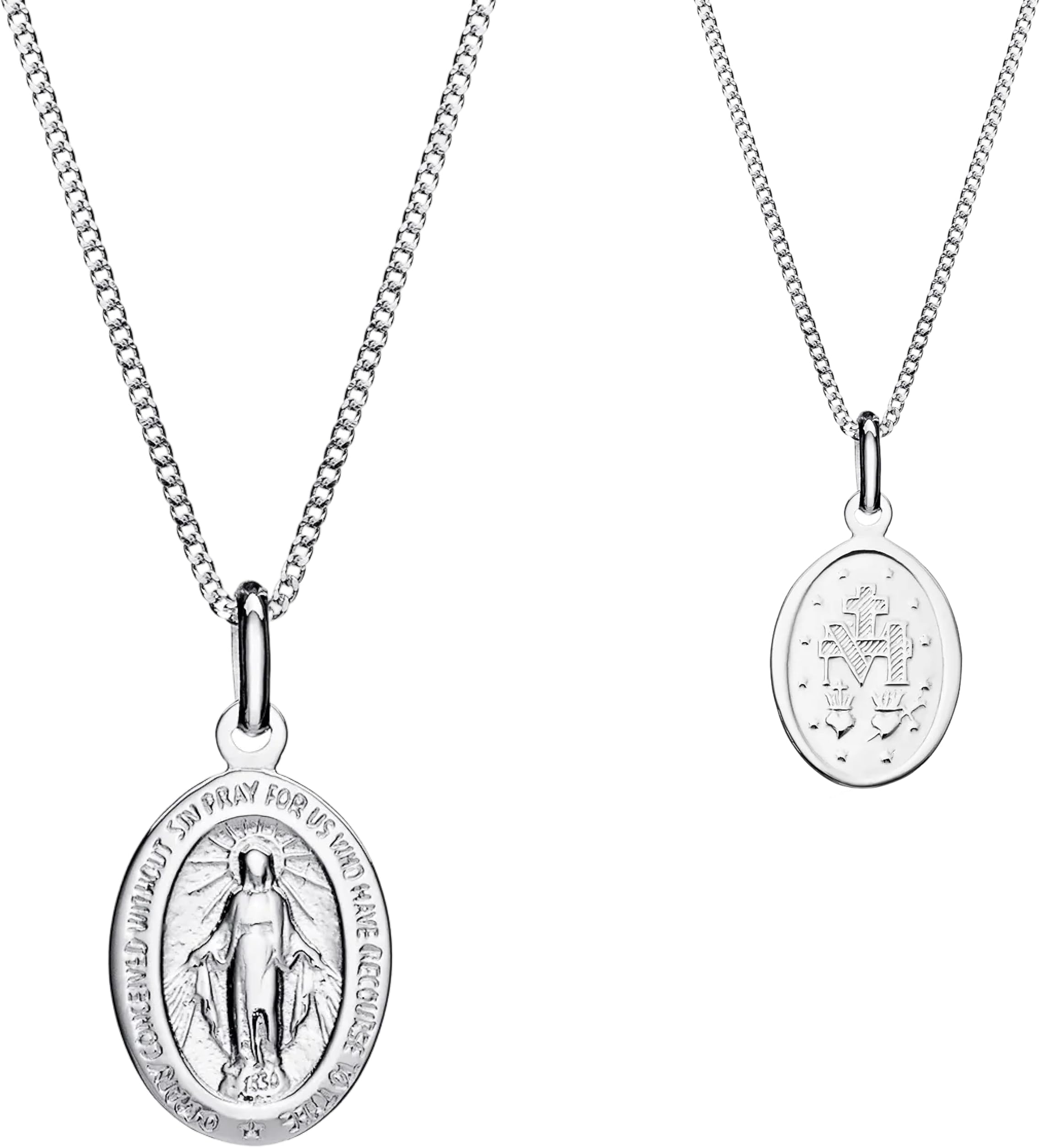 Aeon Real Sterling Silver Miraculous Medal Pendant Necklace for Women and Men. Adjustable Chain from 16 inches to 18 inches.