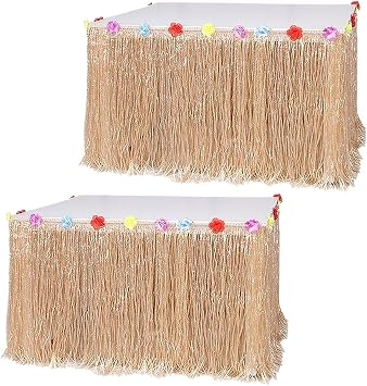 GSHLLO 2 Pcs Luau Party Grass Table Skirt Glitter Hawaiian Table Streamer Tropical Table Curtains Hula Fringe Table Cloth Skirts Summer Beach Straw Table Decoration with Hibiscus Flowers