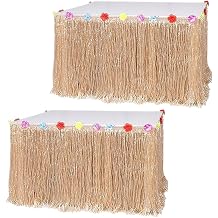 GSHLLO 2 Pcs Luau Party Grass Table Skirt Glitter Hawaiian Table Streamer Tropical Table Curtains Hula Fringe Table Cloth Skirts Summer Beach Straw Table Decoration with Hibiscus Flowers