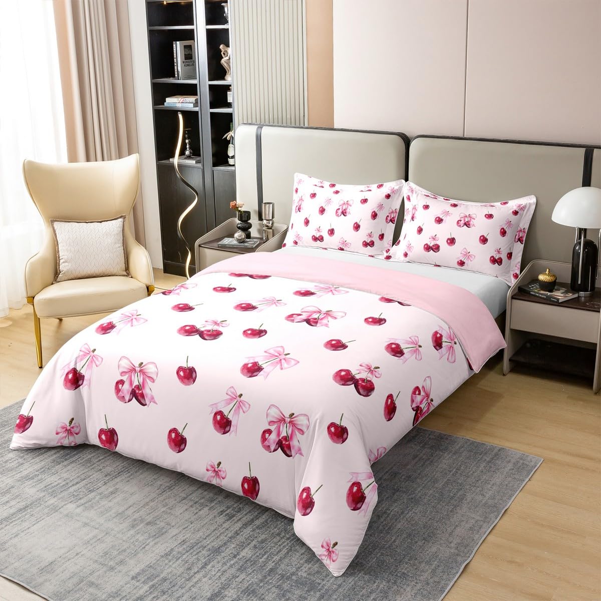 Homewish Czerwona wiśnia poszewka na kołdrę pojedynczy różowy łuk bawełna zestaw pościeli Kawaii dziewczęca wiśnia poszewka na kołdrę dla dzieci dziewcząt kobiet, śliczna kokardka zestaw pościeli s