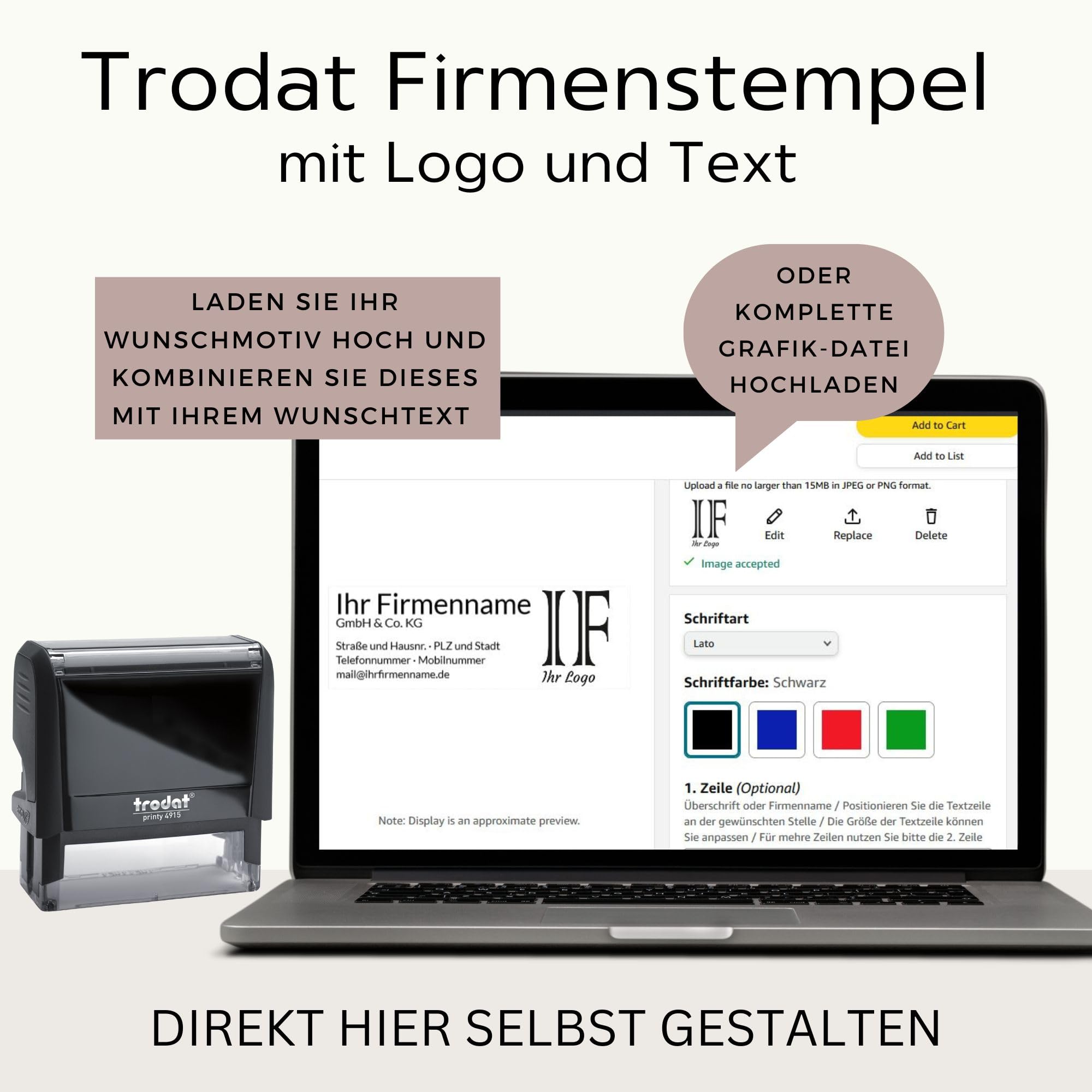 Trodat Firmenstempel mit Logo und Text – Printy 4915 Personalisierter Stempel inklusive Grafik und Wunschtext, Selbstfärbend, Abdruck 70 x 25 mm