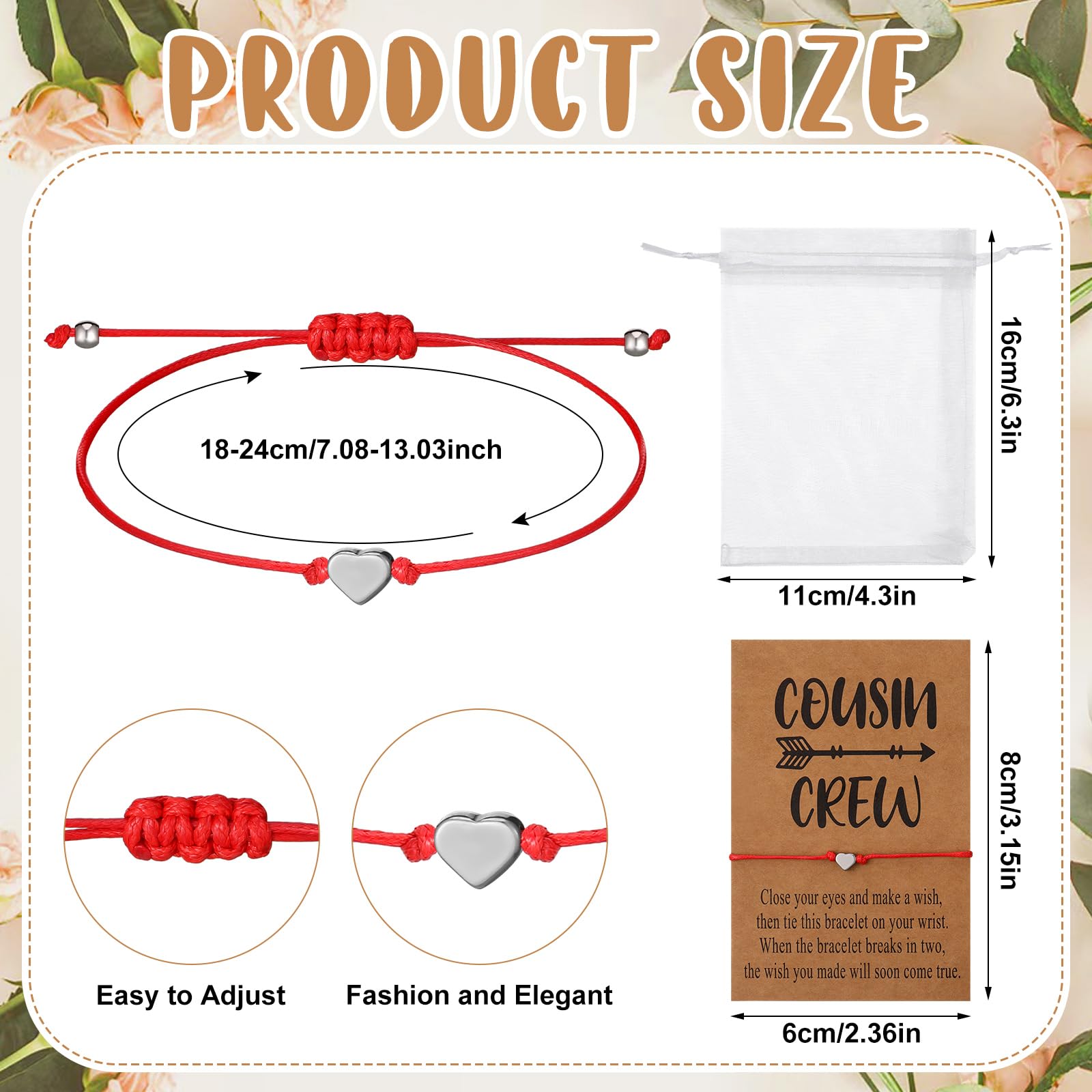 Tondiamo 6 Pcs Cousin Bracelets Cousin Gifts for Women with Wish Cards and Bags for Sister Friendship Birthday Party Gifts