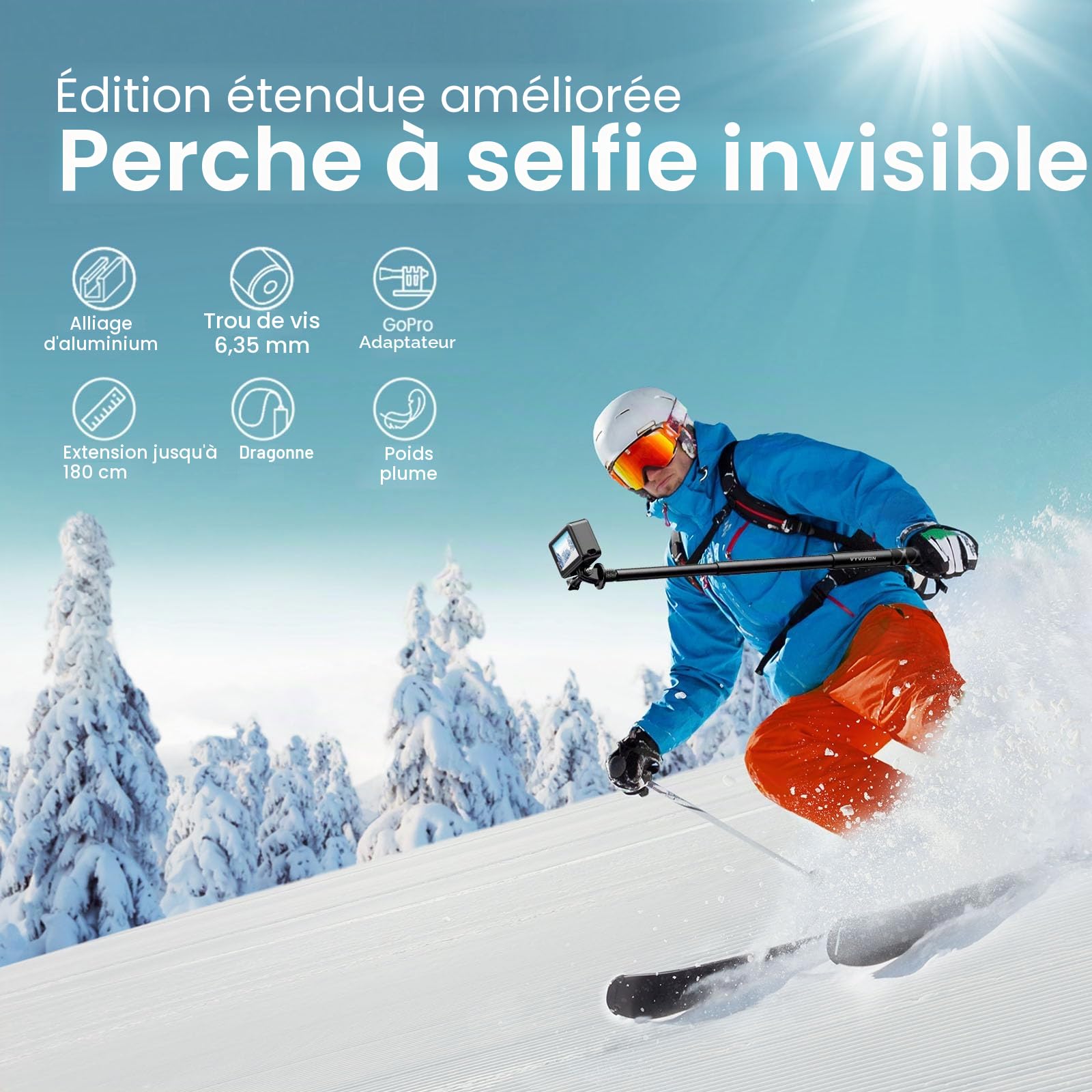 Perche à Selfie Invisible pour GoPro, Perche à Selfie Télescopique Portable 70.8in/1.8m Perche Etanche pour Hero 7/8/9/10/11, DJI Osmo Action 4/3, Insta360 X5