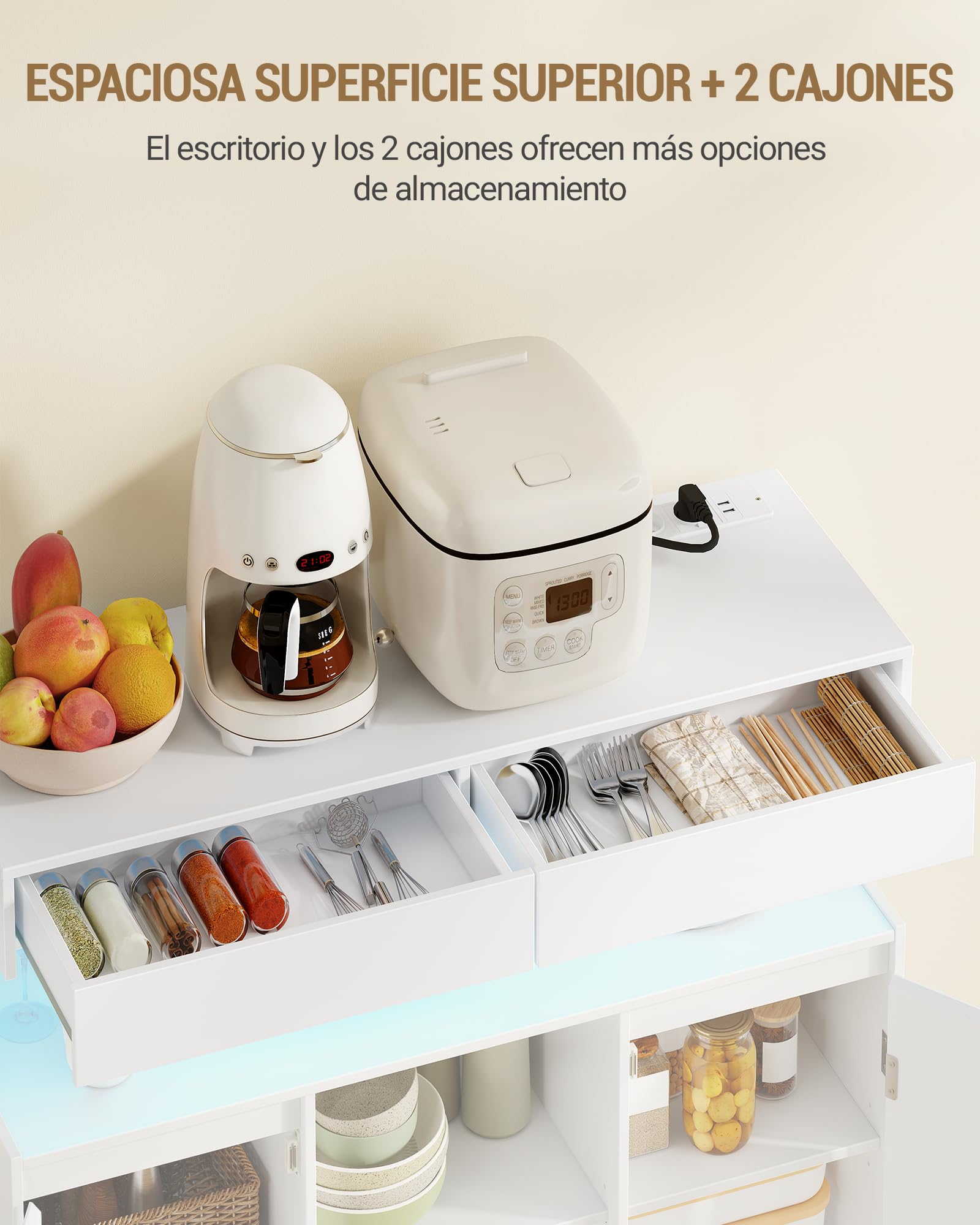 Hzuaneri Aparador Armario de Cocina con 2 Cajones y 2 Puertas, Blanco