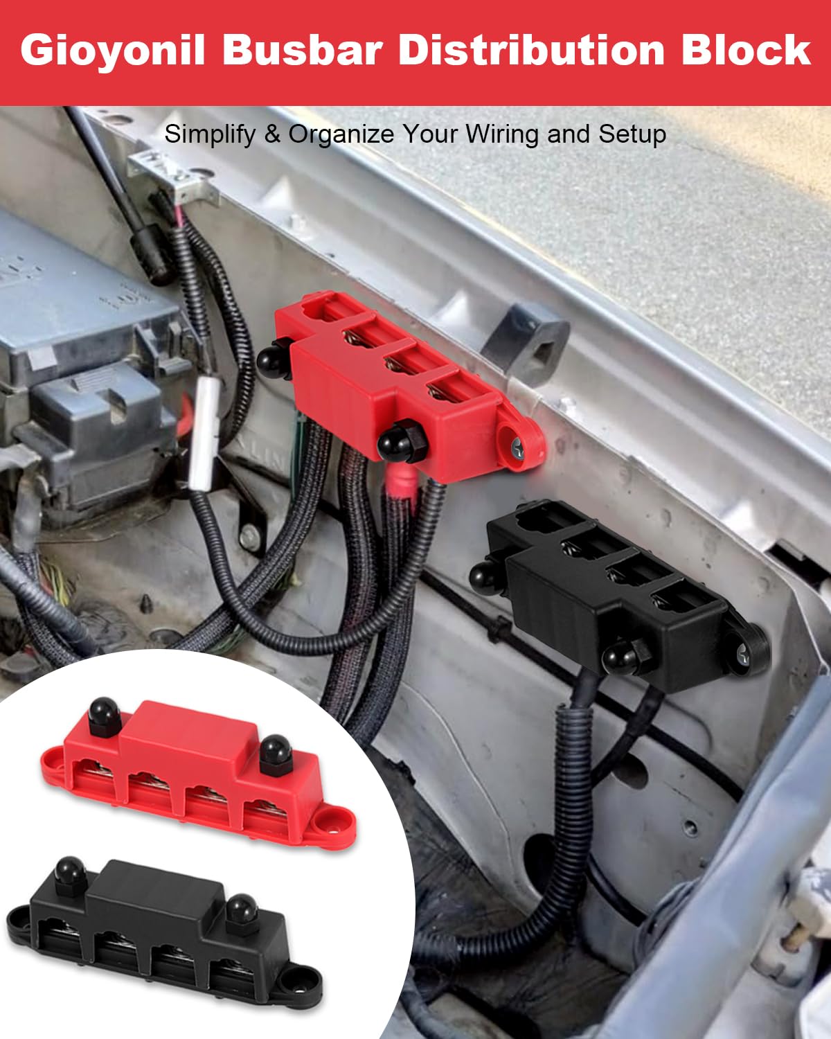Gioyonil 12V Bus Bar Power Distribution Block Set (Red & Black) - 4 Post, 250A, 3/8" Terminals For Marine, RV, Solar