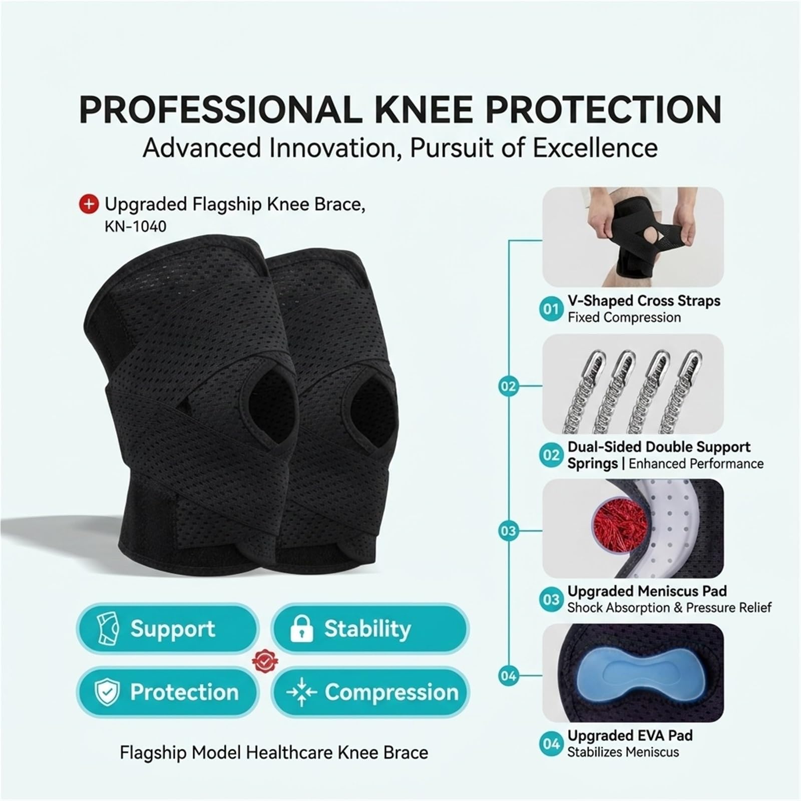 Kniebandage für Damen und Herren, verstellbar, mit seitlichen Stabilisatoren, geeignet zum Laufen, Fußballspielen, Basketballspielen, bei Meniskusriss, Arthritis, Kreuzbandschmerzen, einzelnes Kn