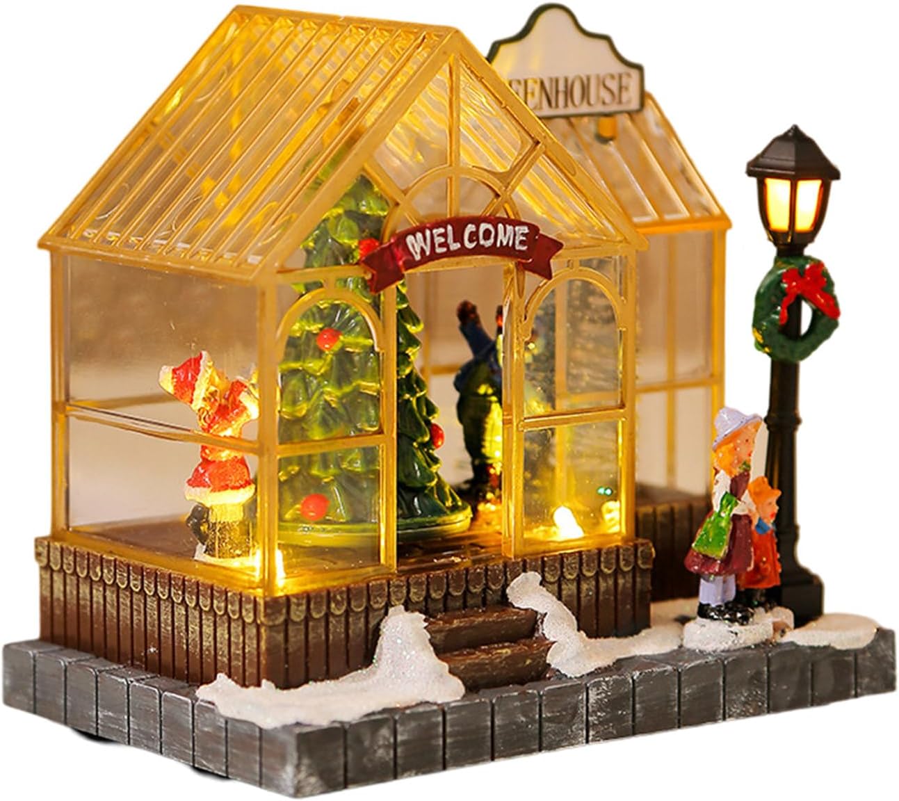Christmas Musical Greenhouse Ornament With LED Lighting And Rotating Tree Figurines Statue Animated Village Ornament