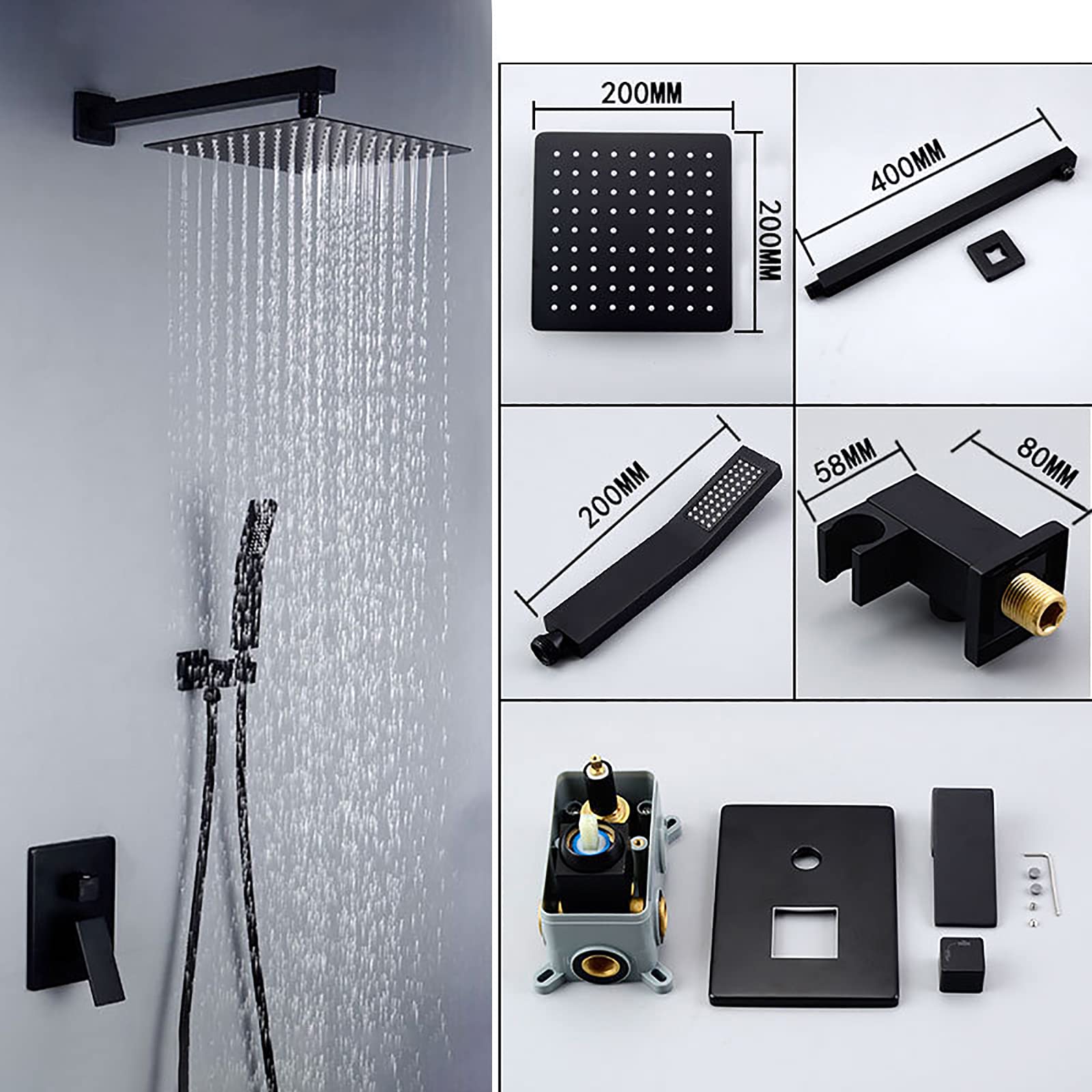 Doccia di Doccia a Pioggia Quadrata Nera con Set Combinato Portatile, Rubinetto per Doccia a Parete Completa di valvola in Ottone e Kit di Rivestimento (Un tum da 10)