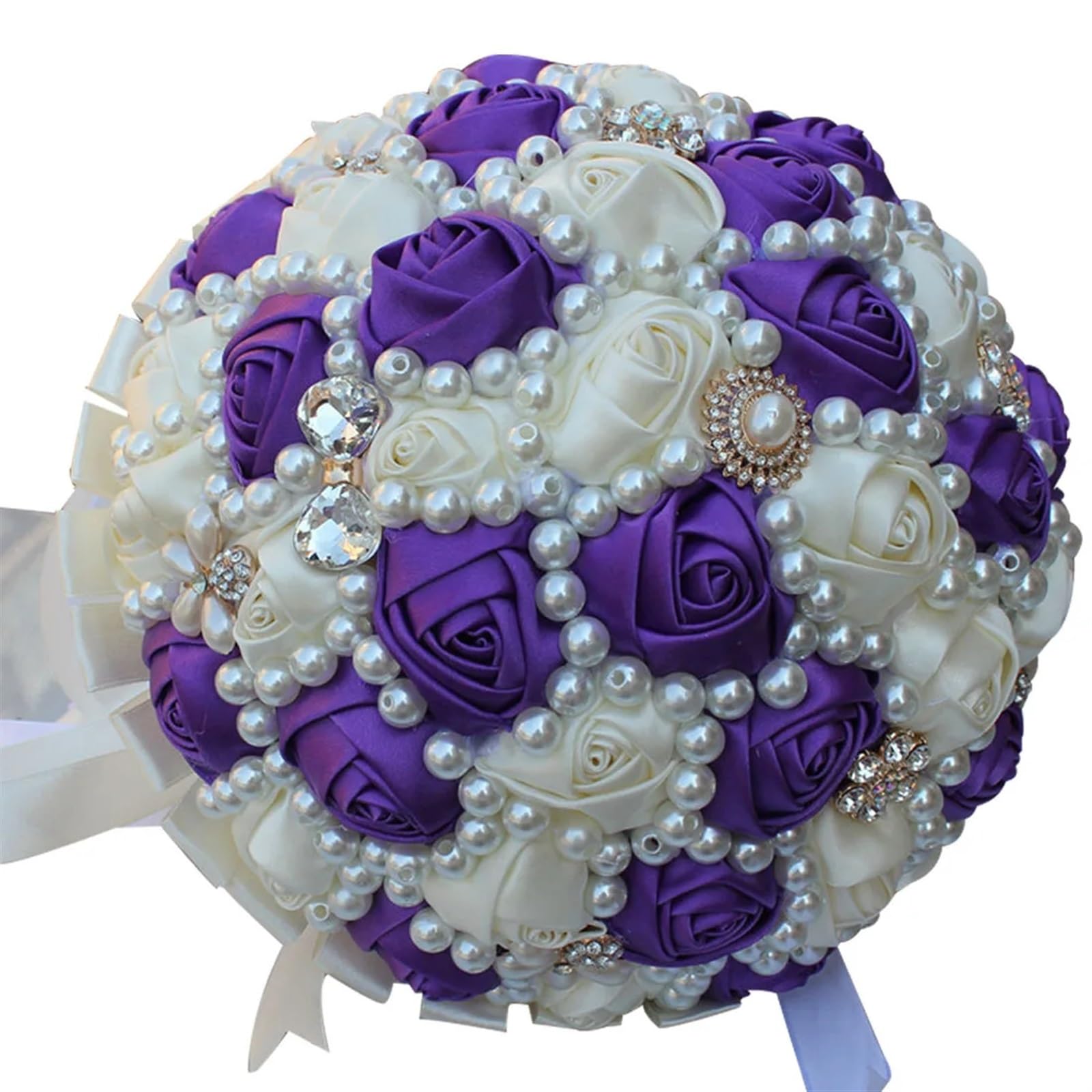 NDLHXKFRP Wedding bouquets for brides and bridesmaids, Wedding Bouquet Bridal Artificial Satin Rose Brooch Pearl Ribbon Diamond(Color 5)