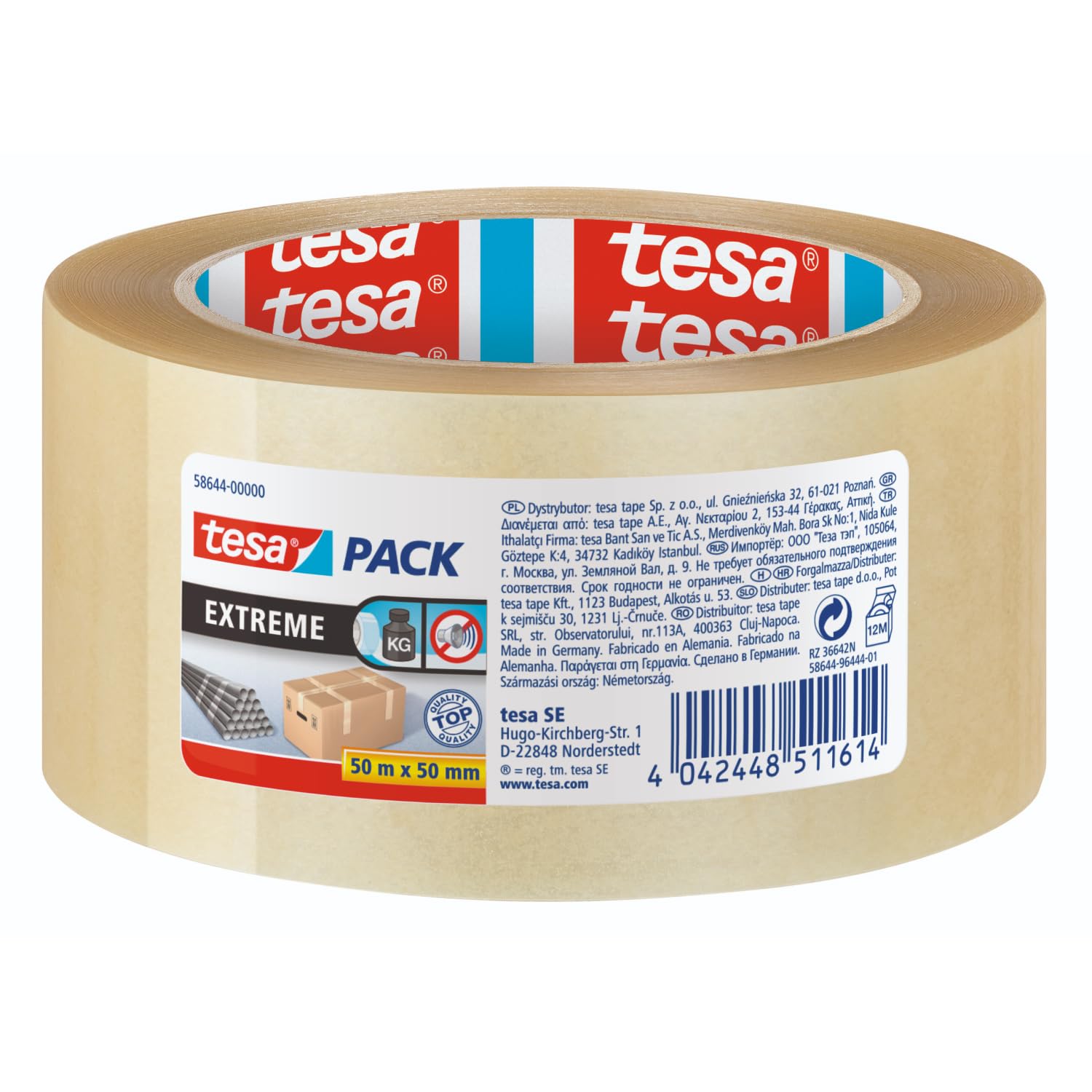 tesa tesapack Solid & Strong - leise abrollbares Paketband/Packband zum sicheren Verschließen von Paketen. Verfügbar in: Transparent und Braun