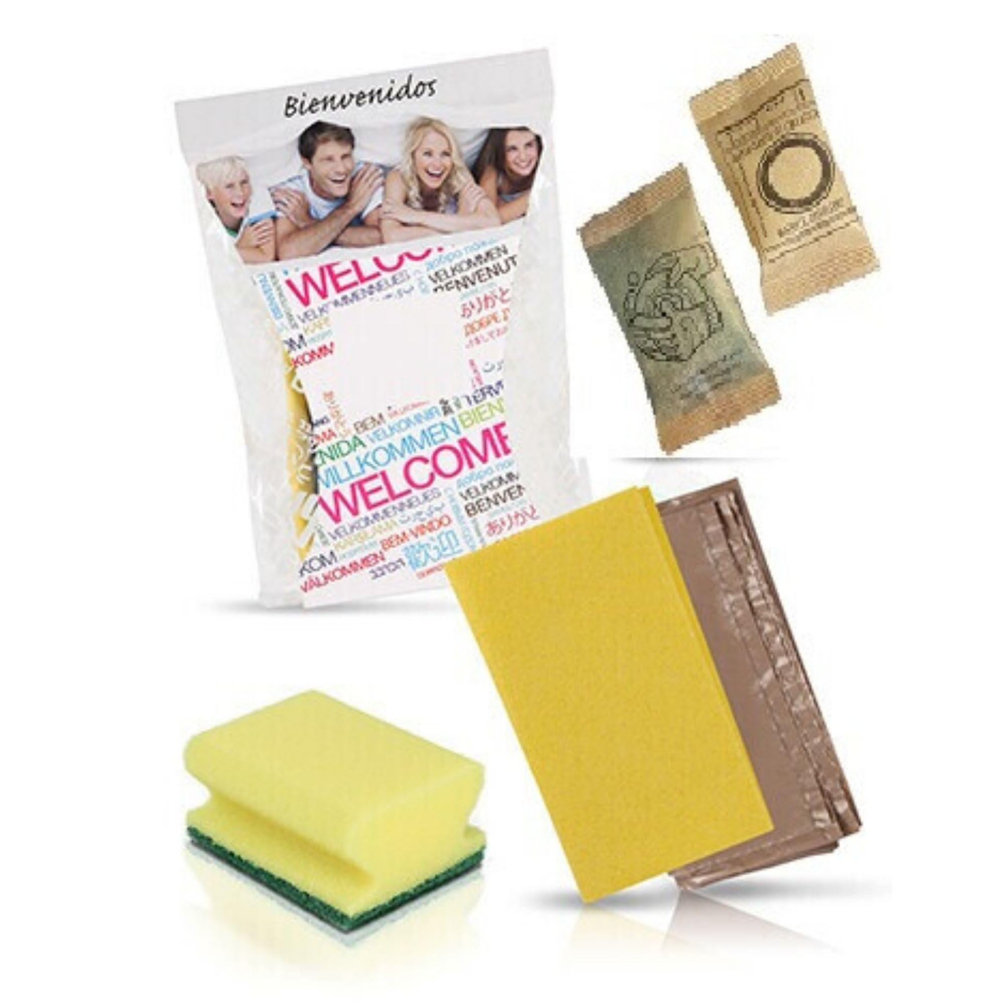 Kit Pulizia Cucina 50 Pezzi con Panno Giallo, Spugna Salvadita, Detersivo Piatti 15 ml, Detergente 15 ml e Sacco Rifiuti – Set Cortesia Cucina di Benvenuto