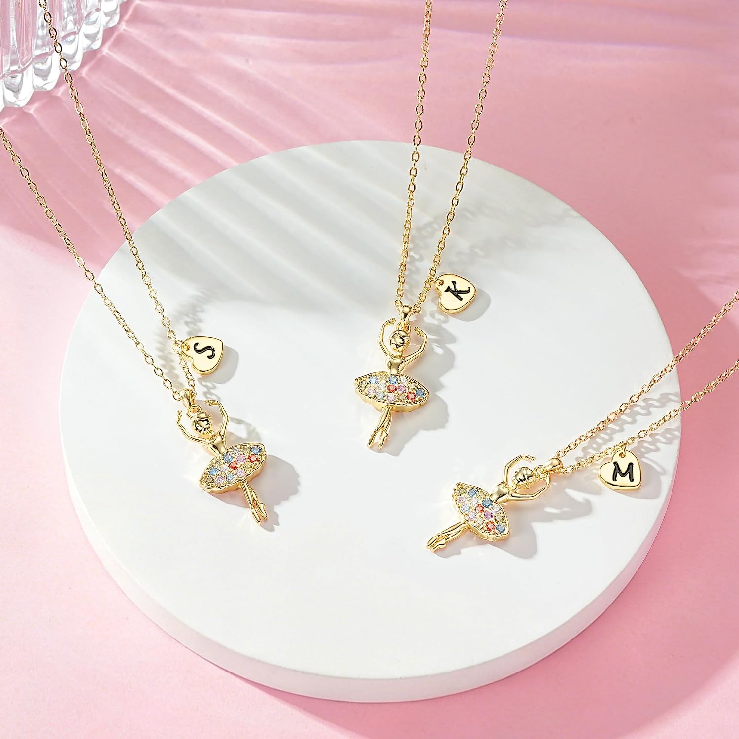 Dance Recital Gifts for Girls - 14K Gold Plated Rainbow CZ Ballet Ballerina Necklace Heart Initial Necklace for Girls Kids Ballet Dancer Graduation Birthday Gifts for Girl Women Jewelry