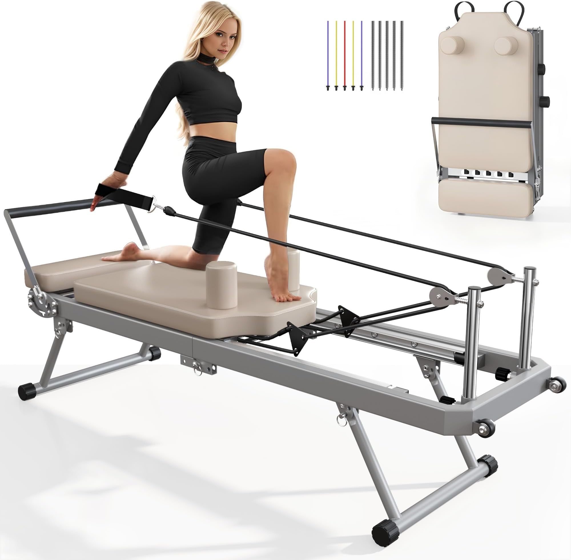 SogesPower Pilates Reformer Machine for Home Gym Workout, Foldable Pilates Equipment with High Strength Alloy Springs for Beginners, Up to 400lbs
