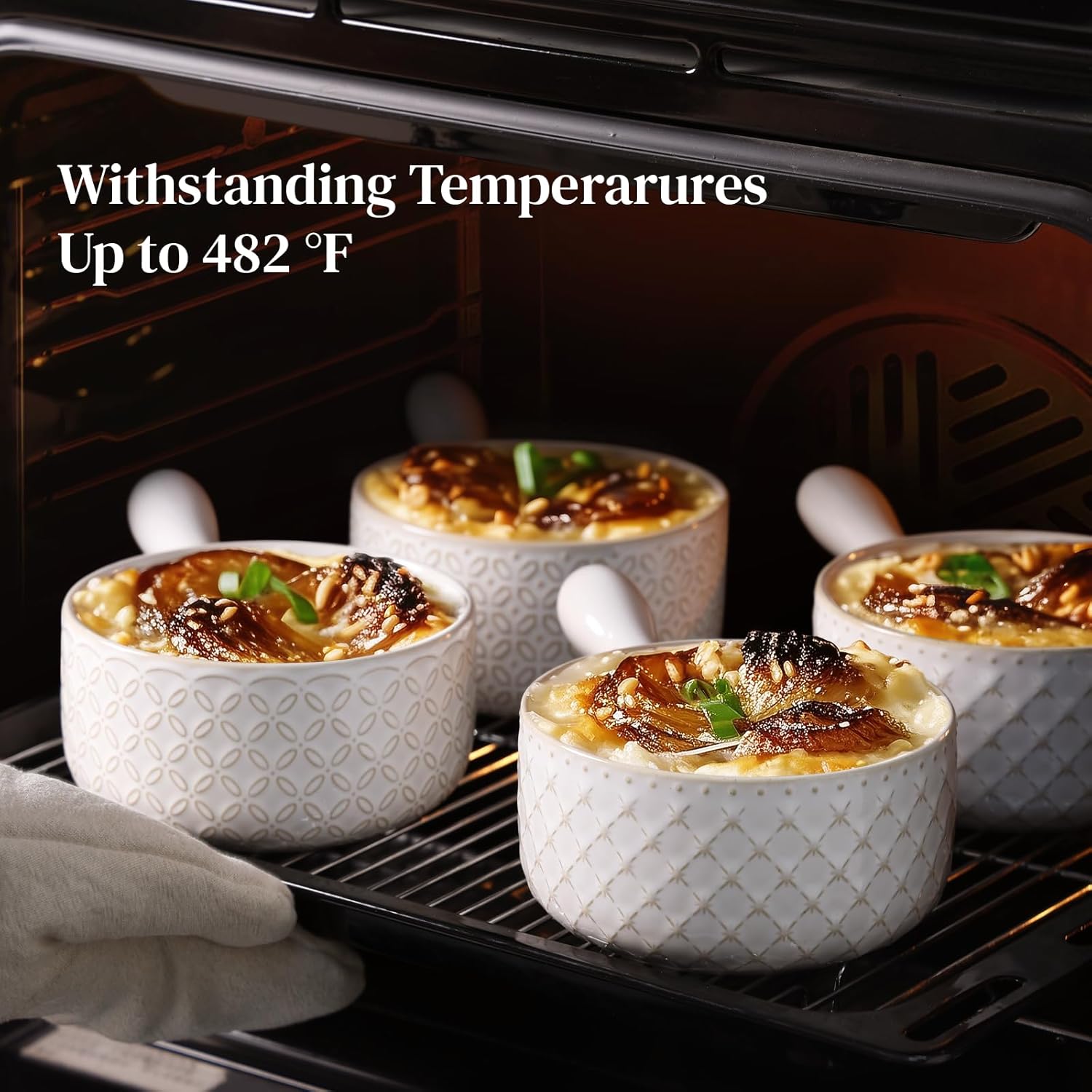 DOWAN French Onion Soup Bowls, 18 Oz Soup Bowls with Handles, Oven Safe Stackable Ceramic Soup Crocks for Chili, Beef Stew, Microwave & Dishwasher Safe Set of 4 - Image 3