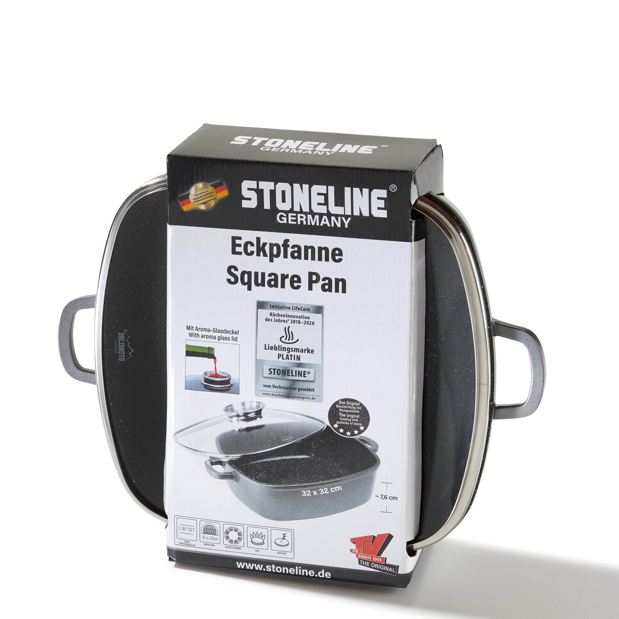 STONELINE Casseruola Quadrata 32 cm, Tegame 2 Manici Coperchio Salva-Aroma Alluminio Pressofuso, Rivestimento Antiaderente con Vere Particelle di Pietra, A Induzione Forno Tutti i Piani, Grigio