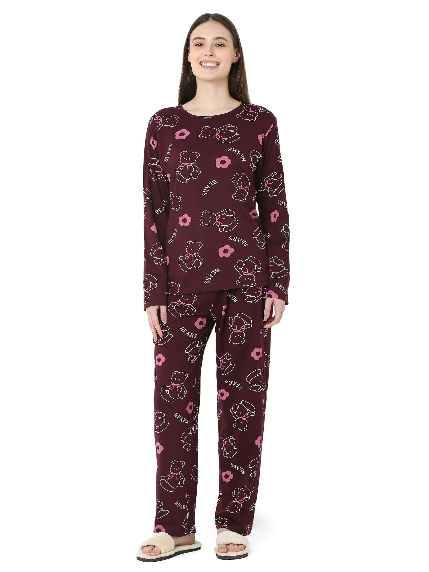 smarty pants Women's Cotton Teddy Bear Print Wine Color Full Sleeves Night Suit.-picture-27