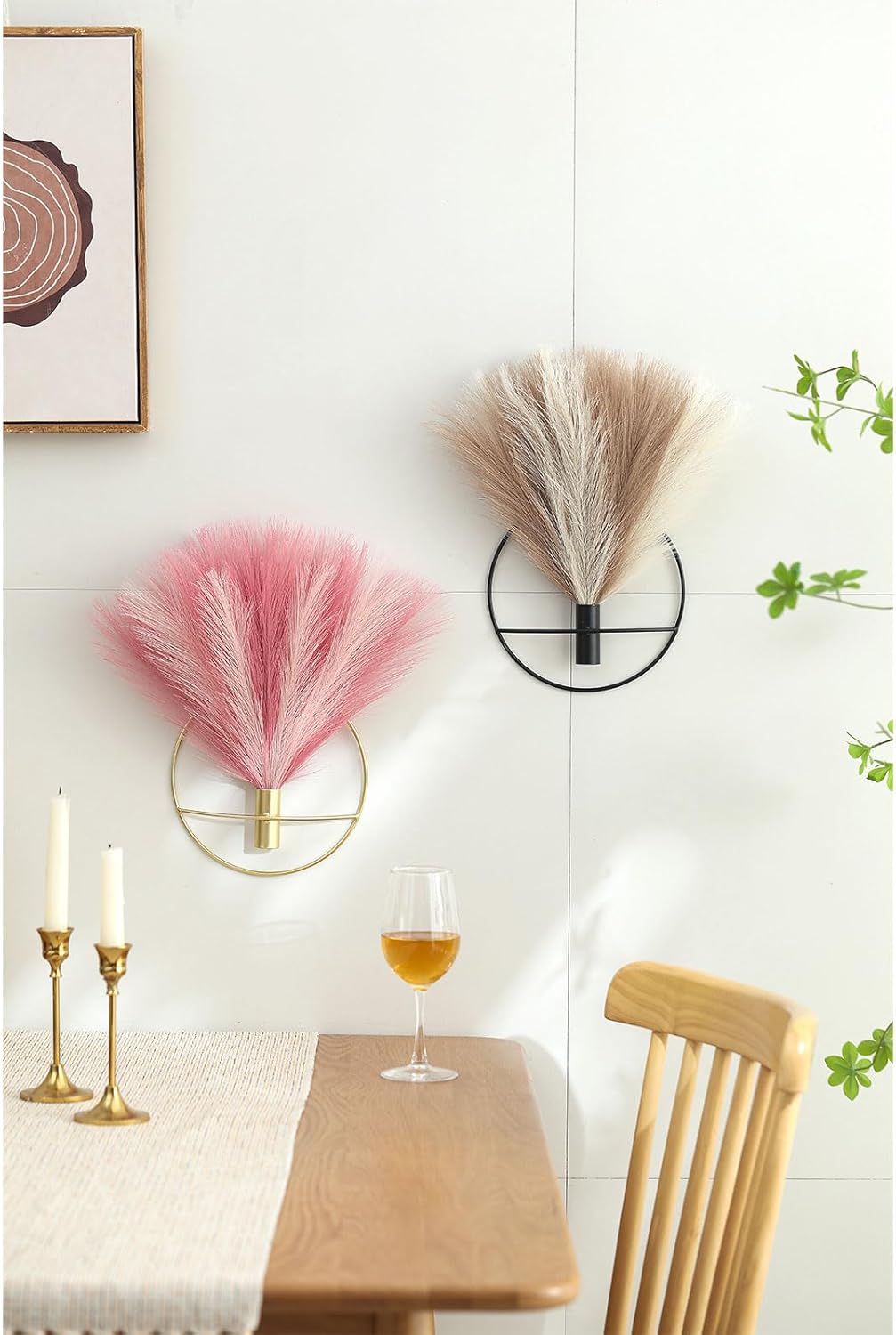 Pretty Jolly Boho Wall Decor - Hanging Artificial Pampas Display, Metal Wall Art for Living Room, Bedroom, Bathroom, Dining Room - Plant Decor 2 Pack, Ice Pink, Dark Pink, Gold