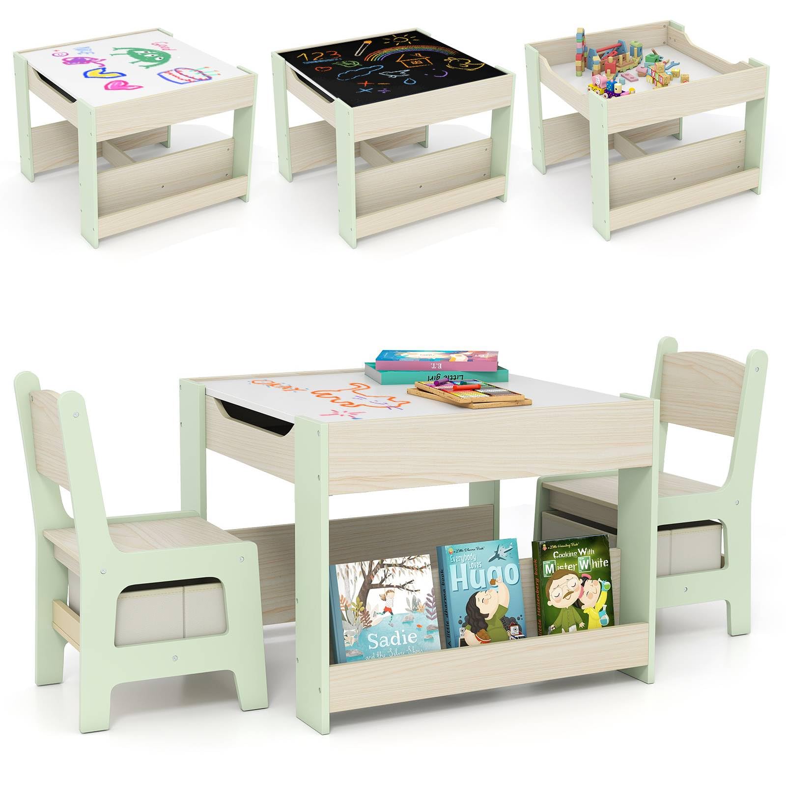 GYMAX Kids Table and Chairs Set, 4 in 1 Children Activity Desk with 2 Chairs, Reversible Tabletop, Bookshelves and Storage Bins, Wooden Toddler Table Set for Boys Girls (Green+Natural, 61x61x48cm)
