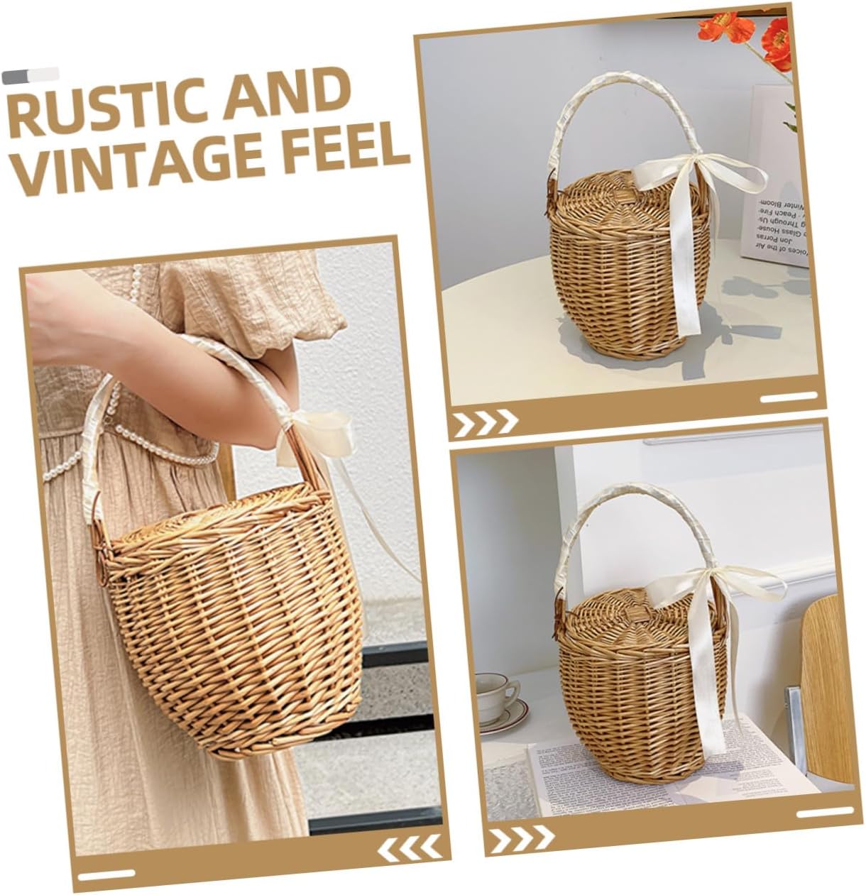 Handwoven Multi-Function Picnic Basket with Lid Lightweight French-Style Food Carrying Basket Outdoor for Travel and Garden Use