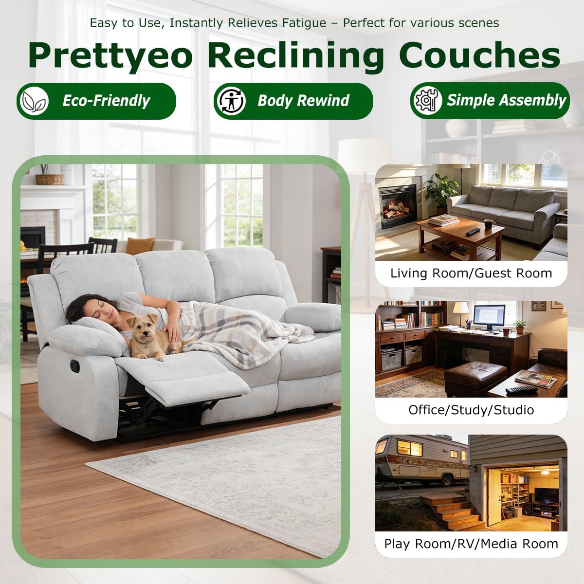 Manual Recliner Sofa Set, Microfiber Reclining Couch Set, 3 Pieces Living Room Furniture Sets, 2 Reclining Sofas and 1 Chair with Cup Holders/Flip Down Table for Home/Office/Club, Grey White