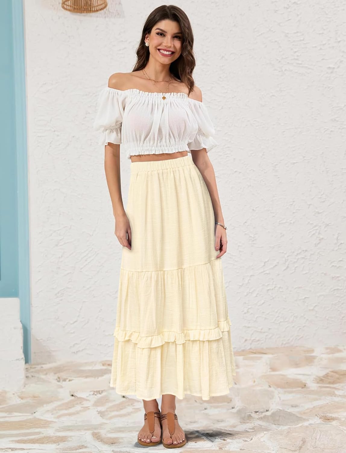 Annebouti 2026 Spring Summer Elastic Waisted Ruffle Long Skirt Flowy Tiered A-Line Maxi Skirts for Women - Image 4