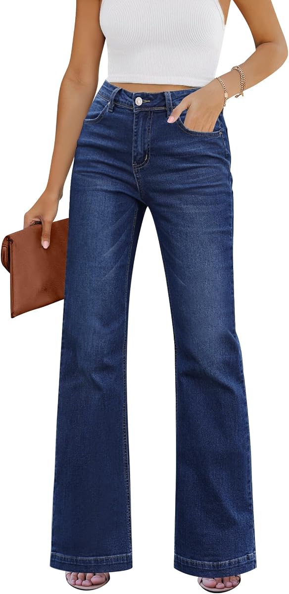 GRAPENT Vaqueros acampanados para mujer, pantalones vaqueros elásticos holgados de pierna ancha y talle alto | Vaqueros de talle alto para mujer a la moda, estilo bootcut acampanado, 4 bolsillos, lavado desgastado, ropa informal de oficina, pantalones vaqueros diarios