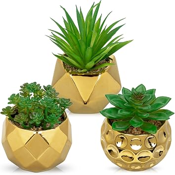 Briful Artificial Succulents Plants in Ceramic Pots, 3 Pack Faux Succulent Set with Gold Geometric Planters Modern Desk Decor for Home Office Shelf Bathroom, Small Fake Plants Potted