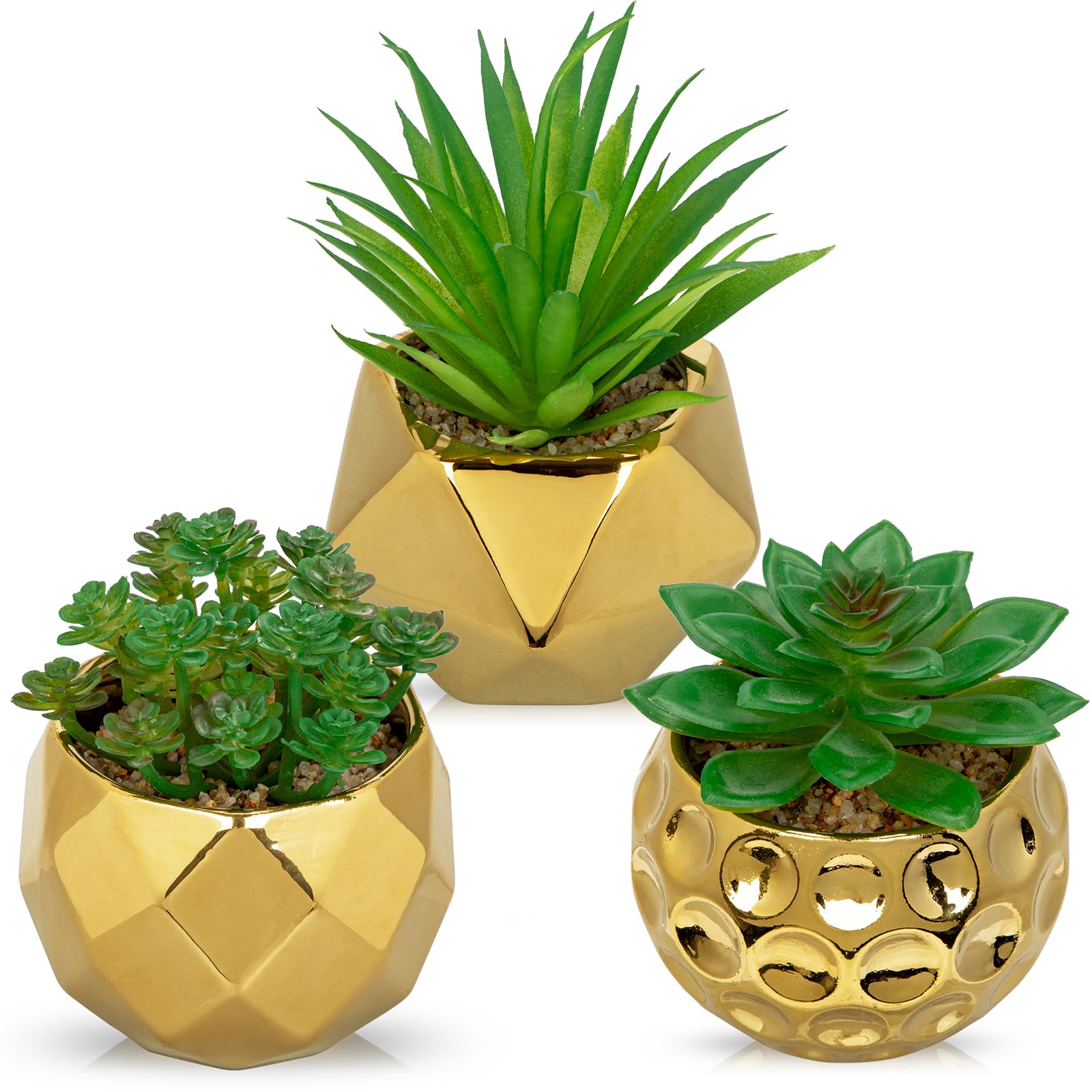 Briful Set of 3 Fake Plants Artificial Succulents in Gold Ceramic Pot, Small Artificial Plants Faux Succulent for Tabletop, Decorative Succulent Plant for Bathroom, Bedroom, Home Decor