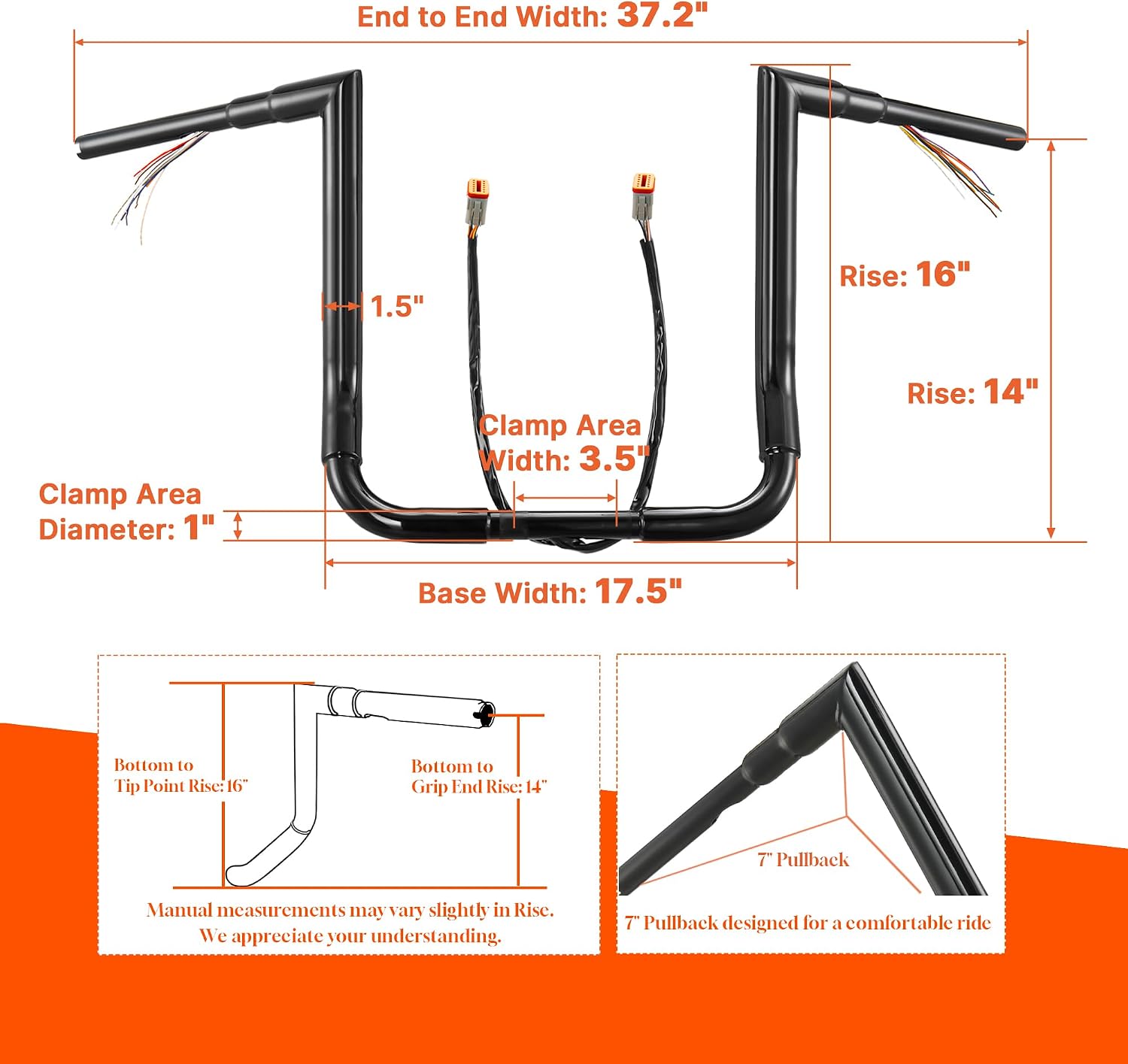 Pre-wired 1 1/2" Fat Ape Hanger 14" Rise Bagger Handlebar for Harley 1996-2006 Street Glide/Electra Glide/Ultra Limited Prewired CAN-Bus Wire Right-angle Bar, Black
