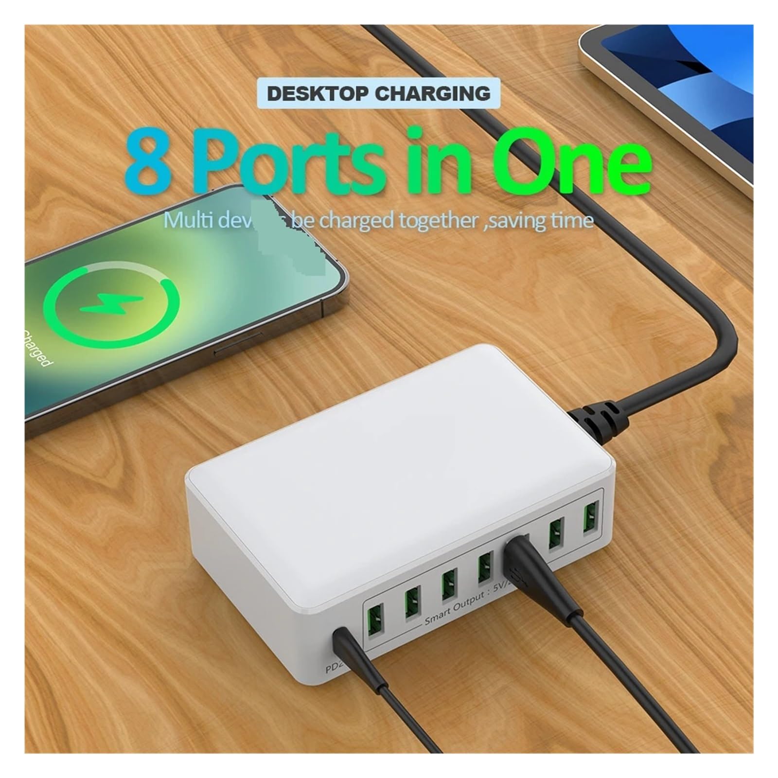 Caricatore Rapido USB A 8 Porte 40/60W HUB Ricarica Rapida Intelligente Stazione Di Multipla Telefono Cellulare Desktop Domestico Capacità Di Ricarica Rapida(Black 60W)