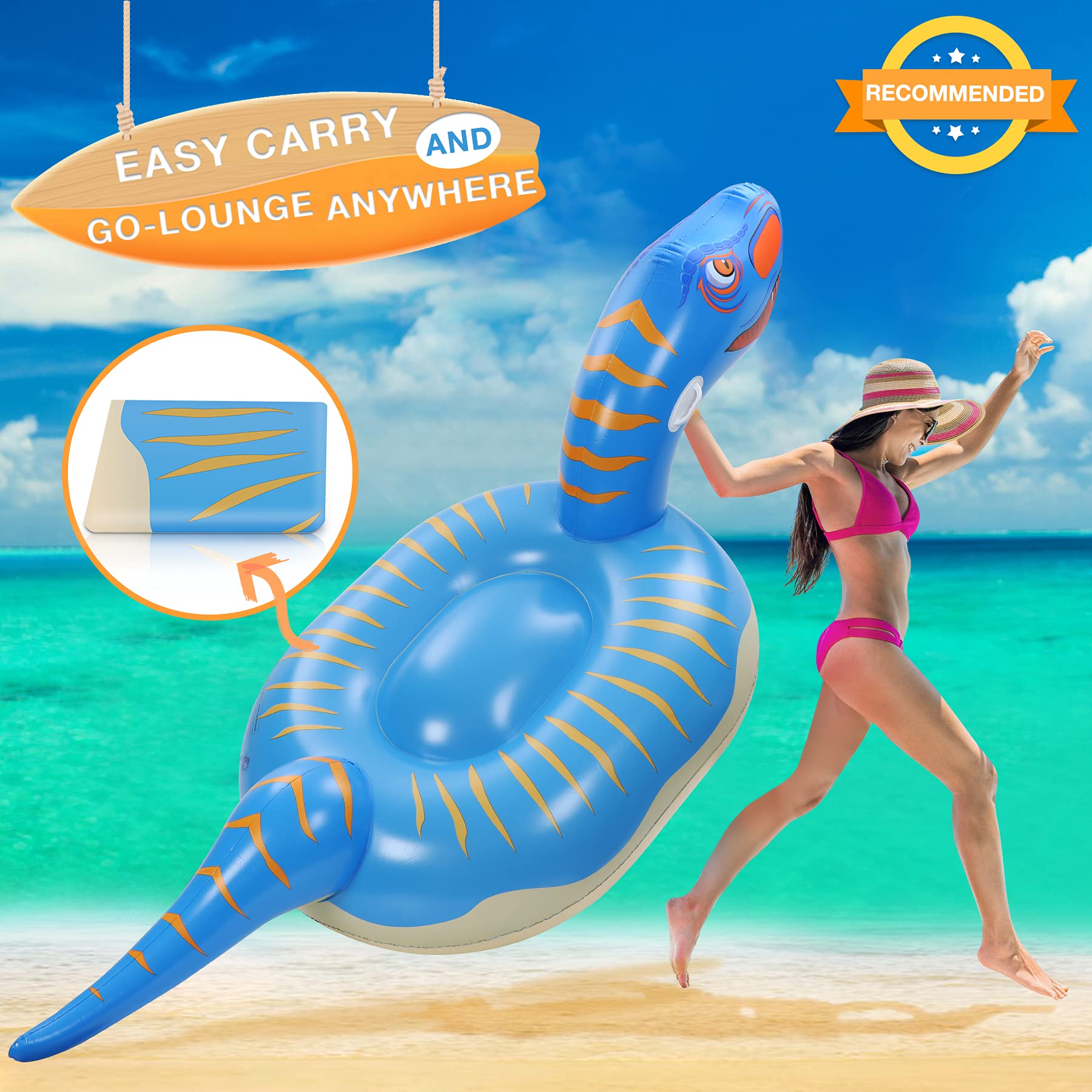 Géant Bouée Dinosaure, 275×115×100cm Bouee Dinosaure Gonflable - Durable et Sûr avec 2 Trou Gonflable et 1 Patch Autocollant, Jouets De Plage et Océan D'été Adapté pour Adultes et Enfants