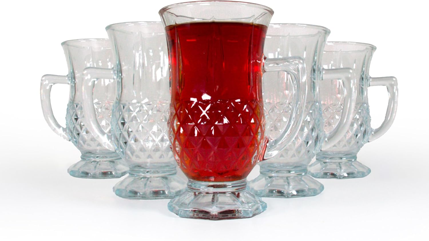 Footed Turkish Tea Glasses With Handle, Set of 24 Cups, Crystal Clear Tea and Latte Glasses, Slim Waist Design and Thick Sole Prevent the Drinks From Getting Cold, Dishwasher Safe, 5.5 oz