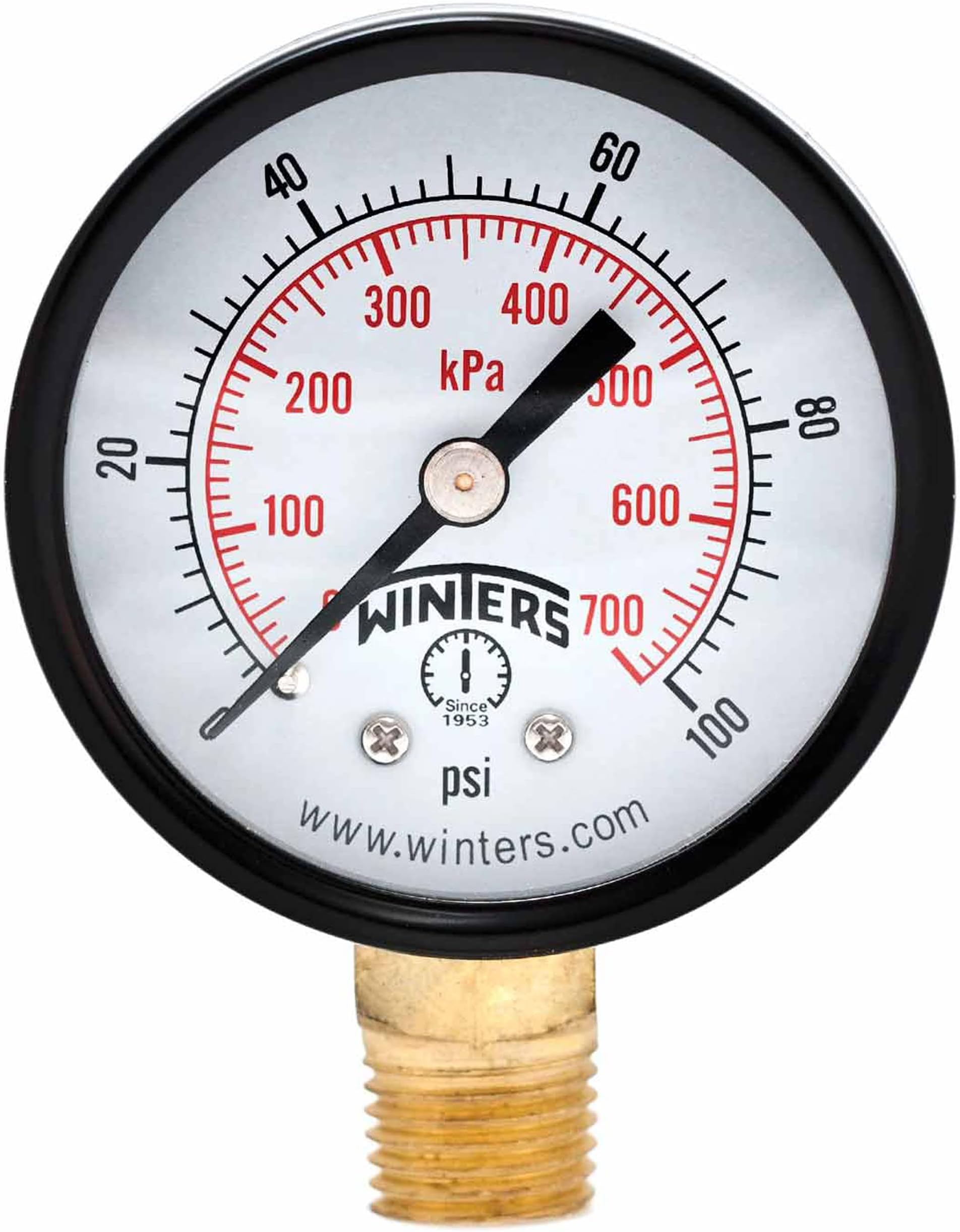 Winters 2 inch Dial Size, Multi Function Economy Utility Dry Pressure Gauge, Brass Internals, Black Steel Case, Dual Scale 0-100 psi/kPa, 3-2-3% Accuracy, 1/4 inch NPT Bottom Mount, Pressure Gauge