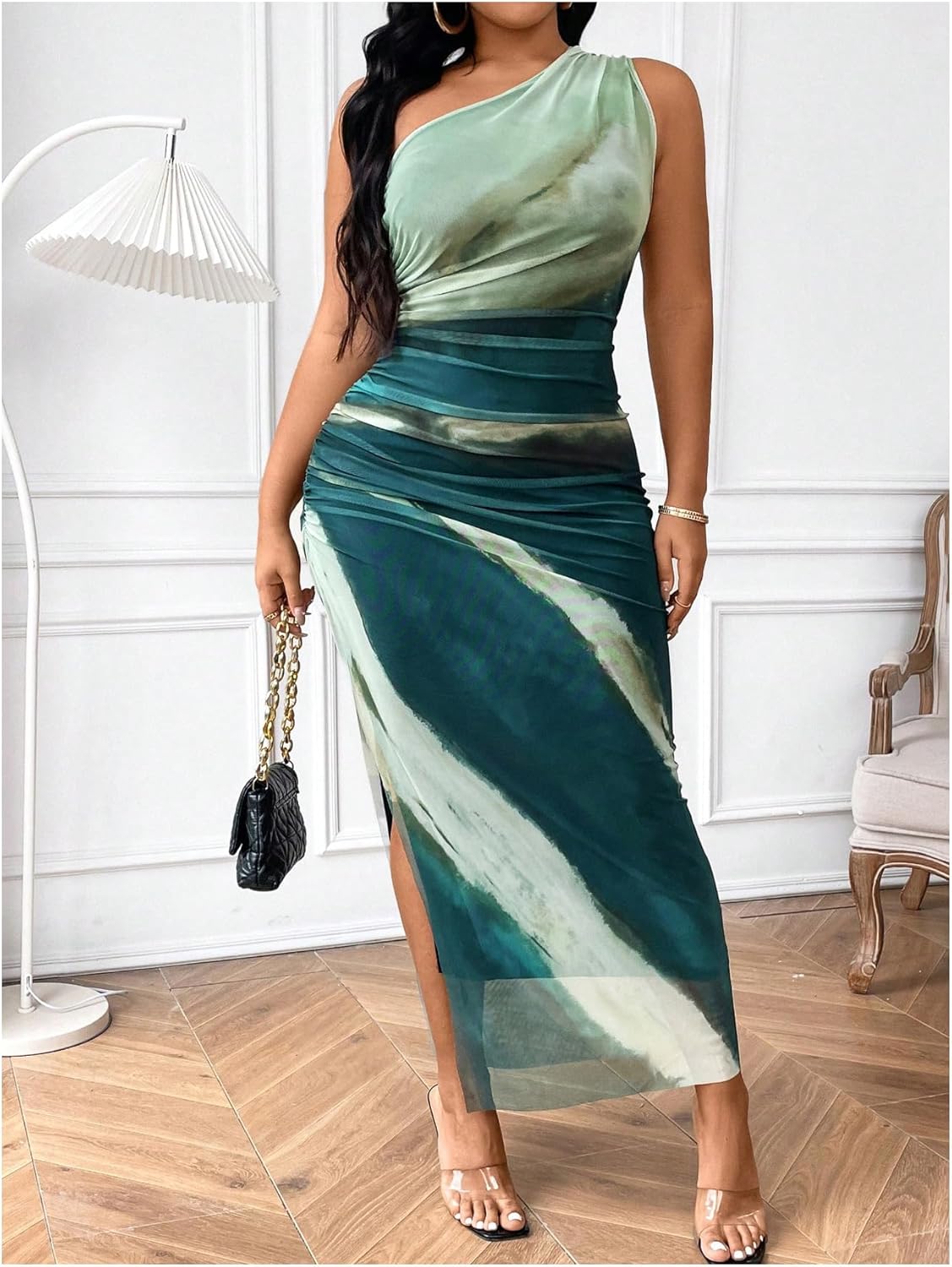 Floerns Women's Plus Size Tie Dye Sleeveless Ruched One Shoulder Slit Evening Maxi Mesh Dresses - Image 4