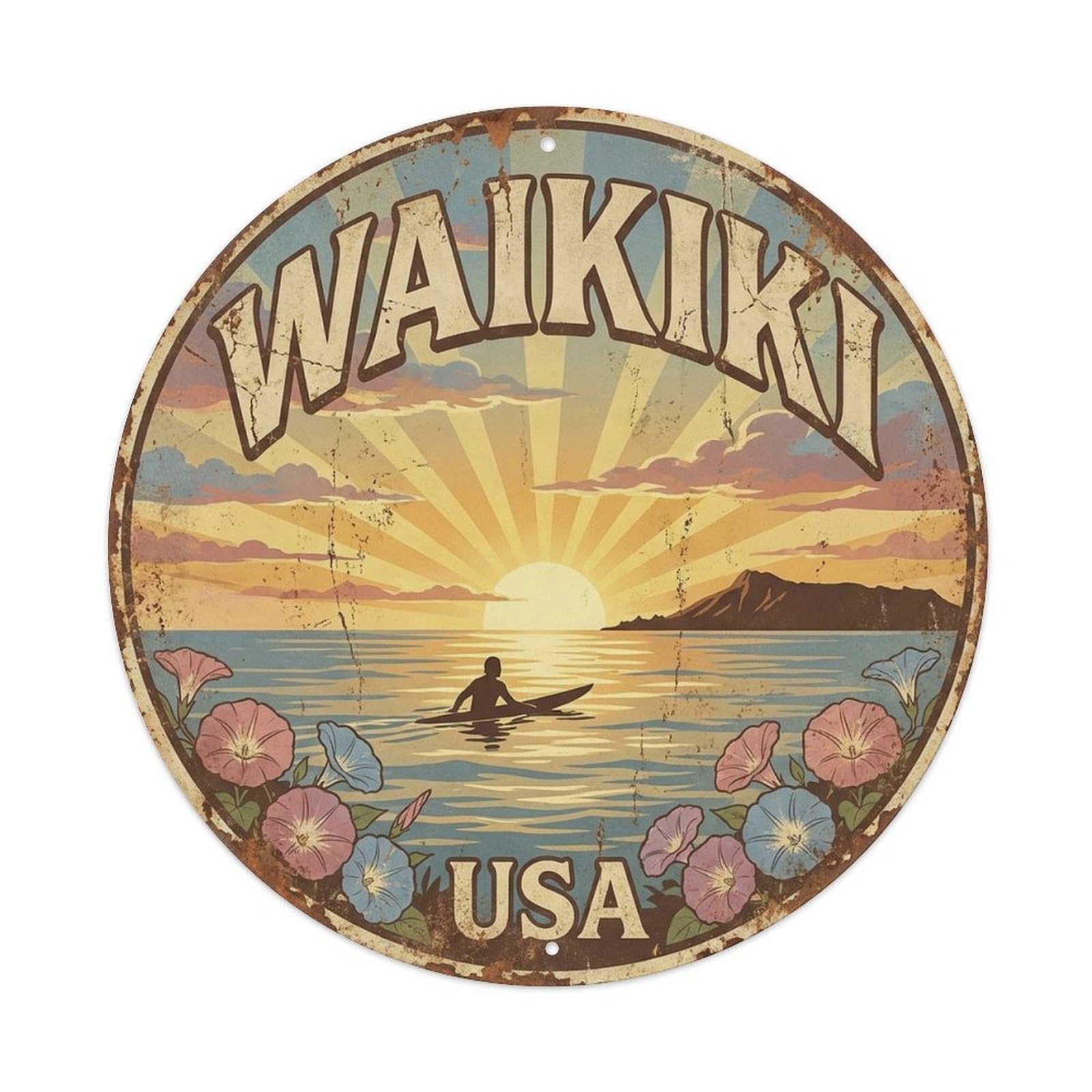Olyhtr 8X8inch Classic Style Waikiki Hawaii Sunset Surf Coastal Travel Culture Metal Tin Sign