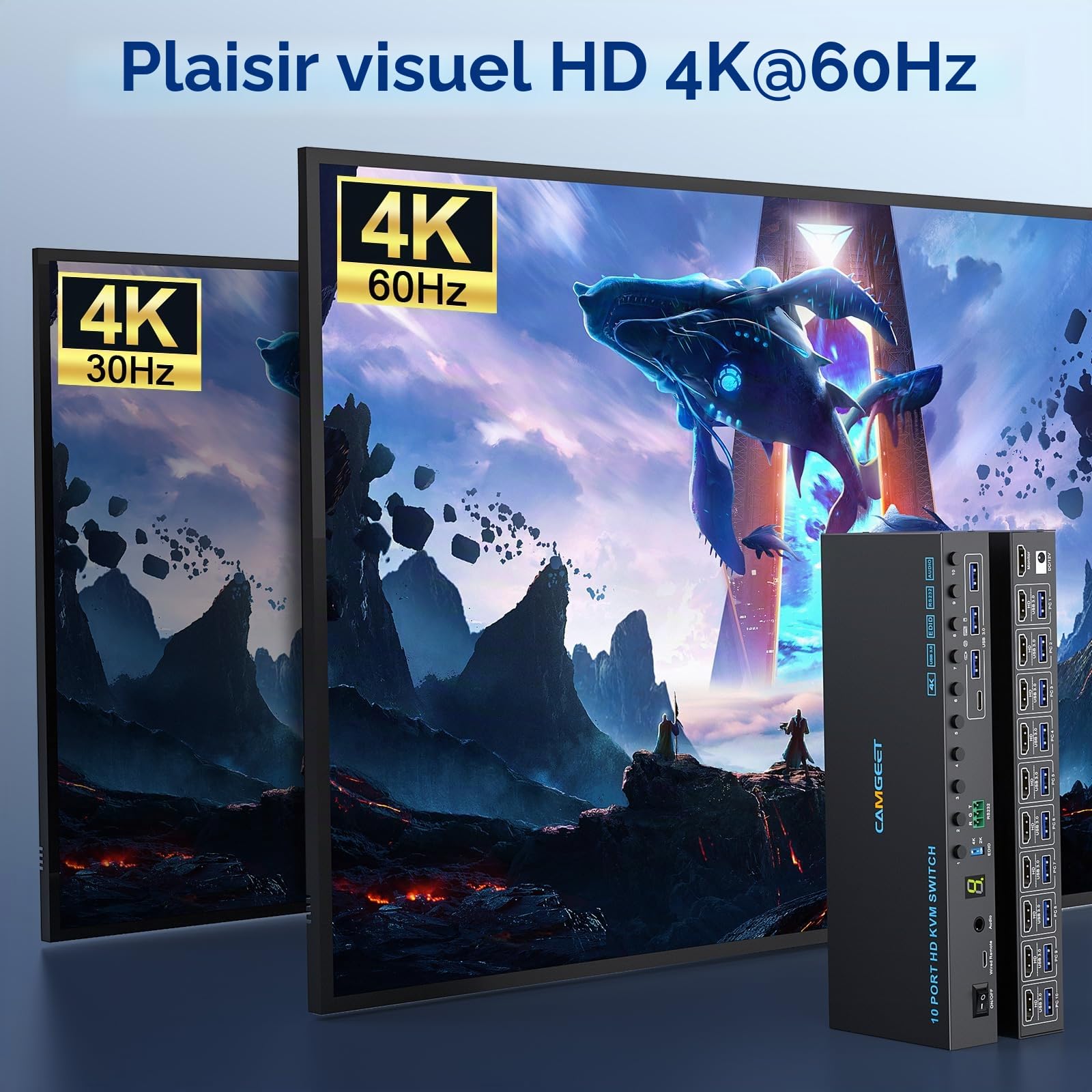 10 PC 8 PC KVM Switch HDMI 4K@60Hz EDID Analogique, 10 Port Commutateur KVM HDMI USB 3.0 pour 10 PC Partager 4 Périphériques USB et 1 Moniteur, Audio, RS232,Avec câble USB 10,Contrôleur de Bureauet