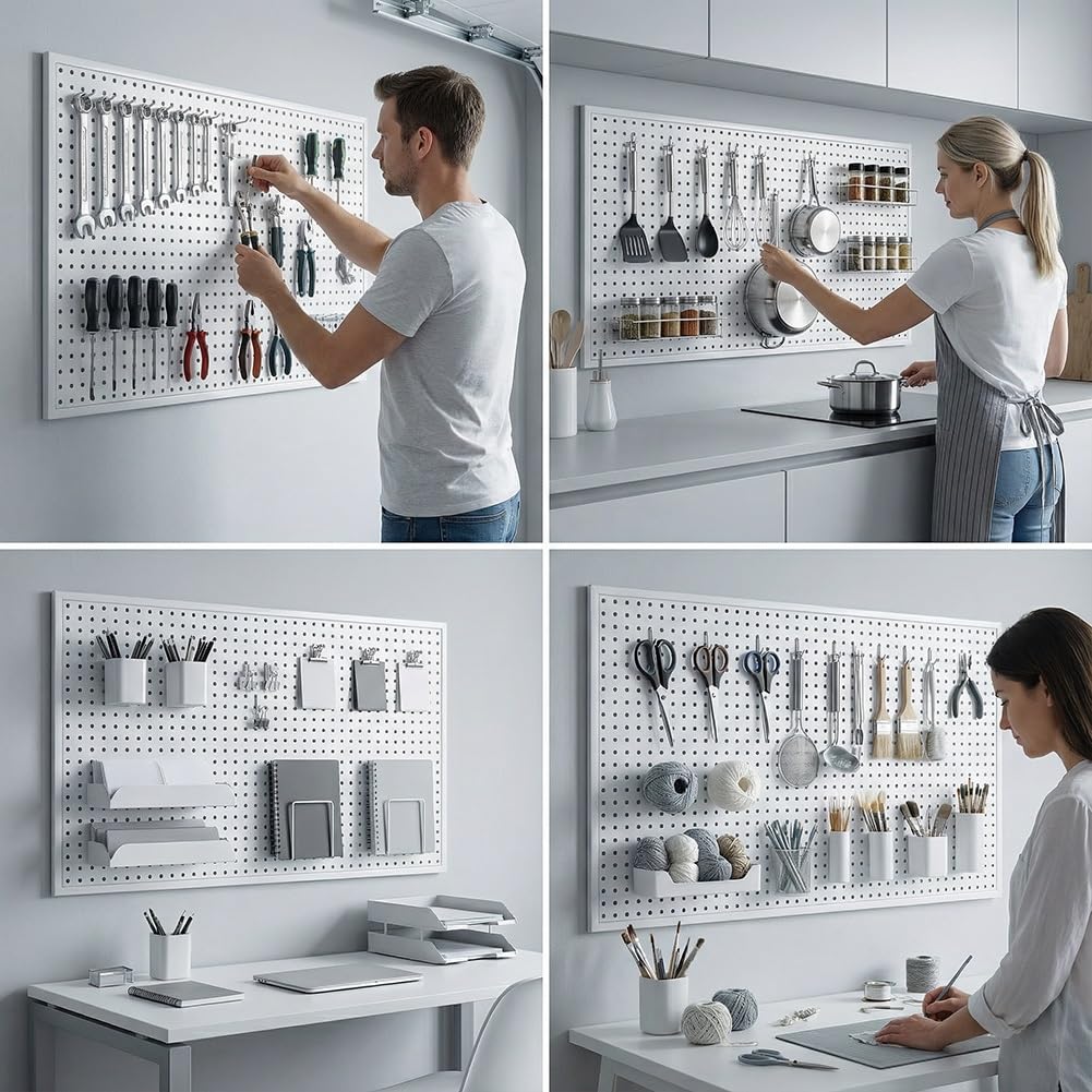 Kit de tablero de clavijas rectangular para almacenamiento en pared, organizador de paneles resistentes al óxido y a los arañazos con ganchos para sala de manualidades, oficina, taller, garaje