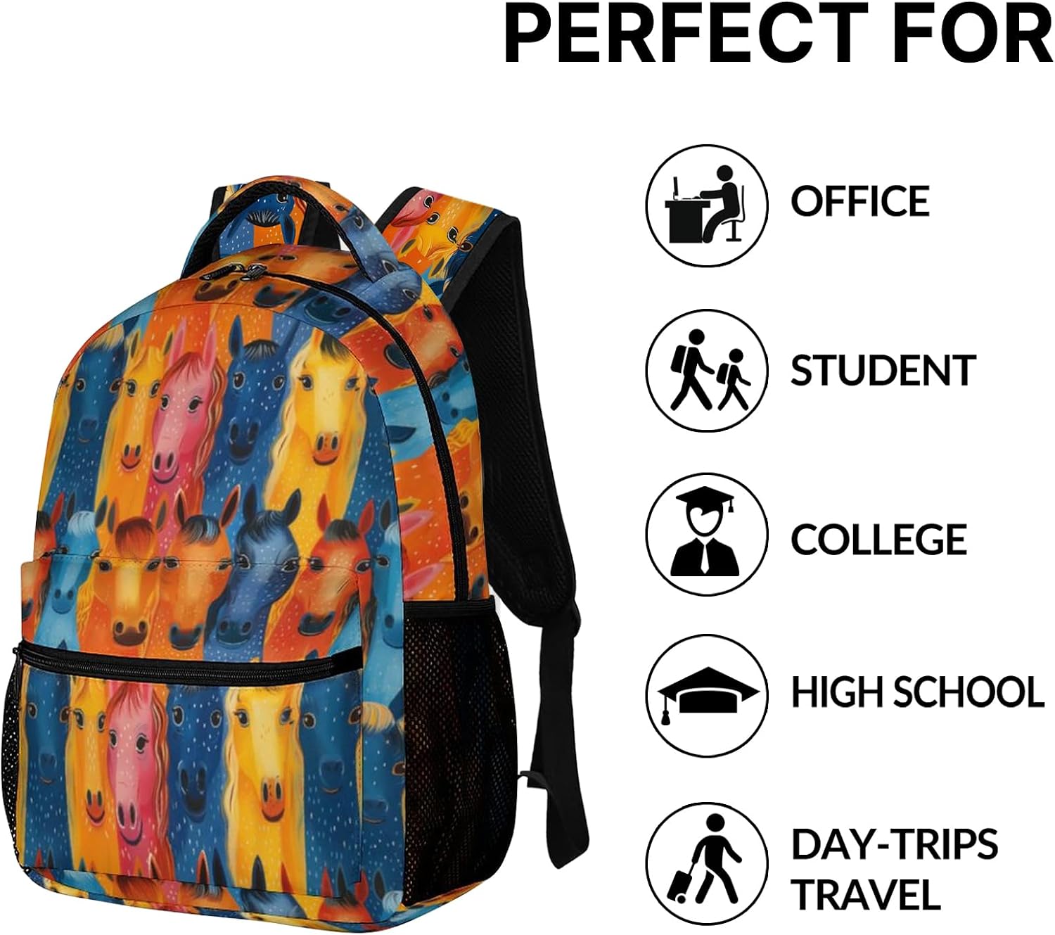 Horse Backpack for Girls Boys, Cute Colorful Horses School Backpack, Kids Horse Backpack Bookbag, Elementary Kids School Backpack, 16.5 Inch