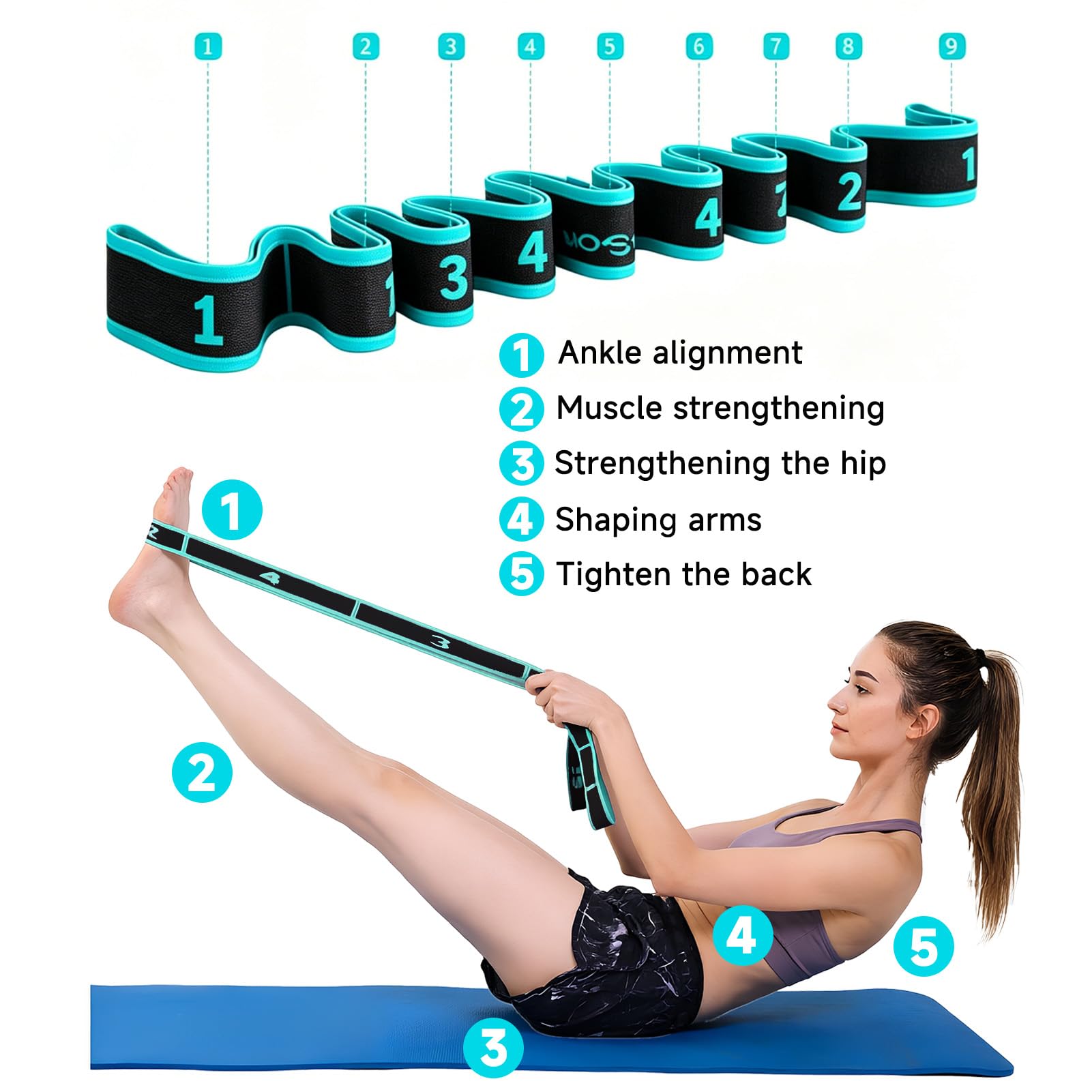 Élastique de Danse Sport avec 9 Boucles Bande Résistance Fitness Étirements Yoga Bleu
