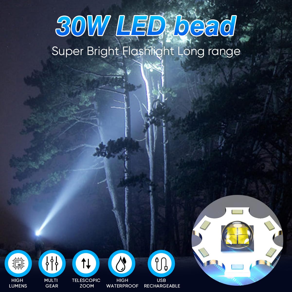 Lampe de poche LED rechargeable par USB - Extrêmement lumineuse - 10 000 lumens - Lampe de poche étanche avec 5 modes - Pour le camping, l'intérieur et l'extérieur