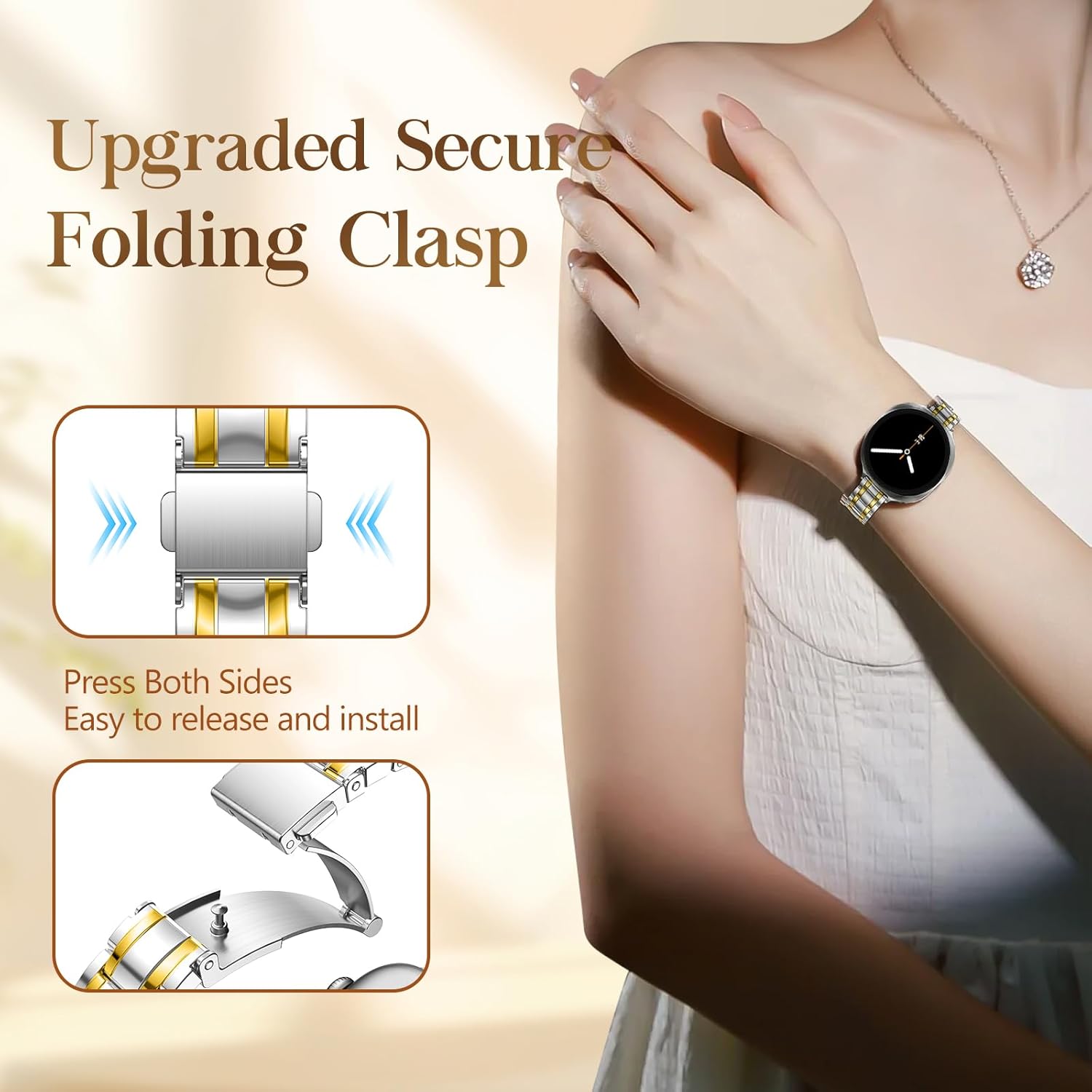 Slim Metal Bands for Samsung Galaxy Watch 8 Band 40mm 44mm/8 Classic 46mm,Thin Elegant Stainless Steel Dressy Business Strap Replacement WristBands for Samsung Watch 8 Band 40 44 mm,01-Silver/Gold