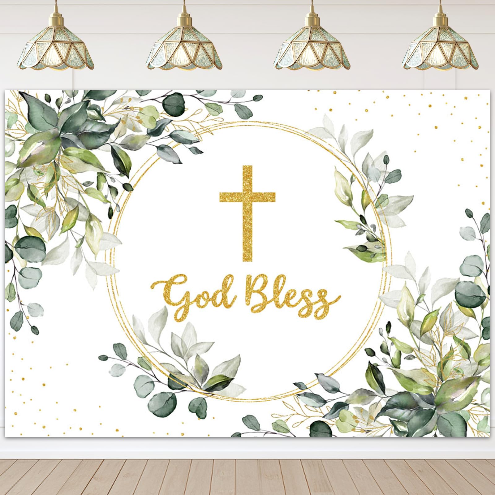 Mocsicka Greenery Baptism Backdrop Green and Gold God Bless Background First Holy Communion Christening Party Cake Table Decoration Banner Photo Booth Props (7x5ft)